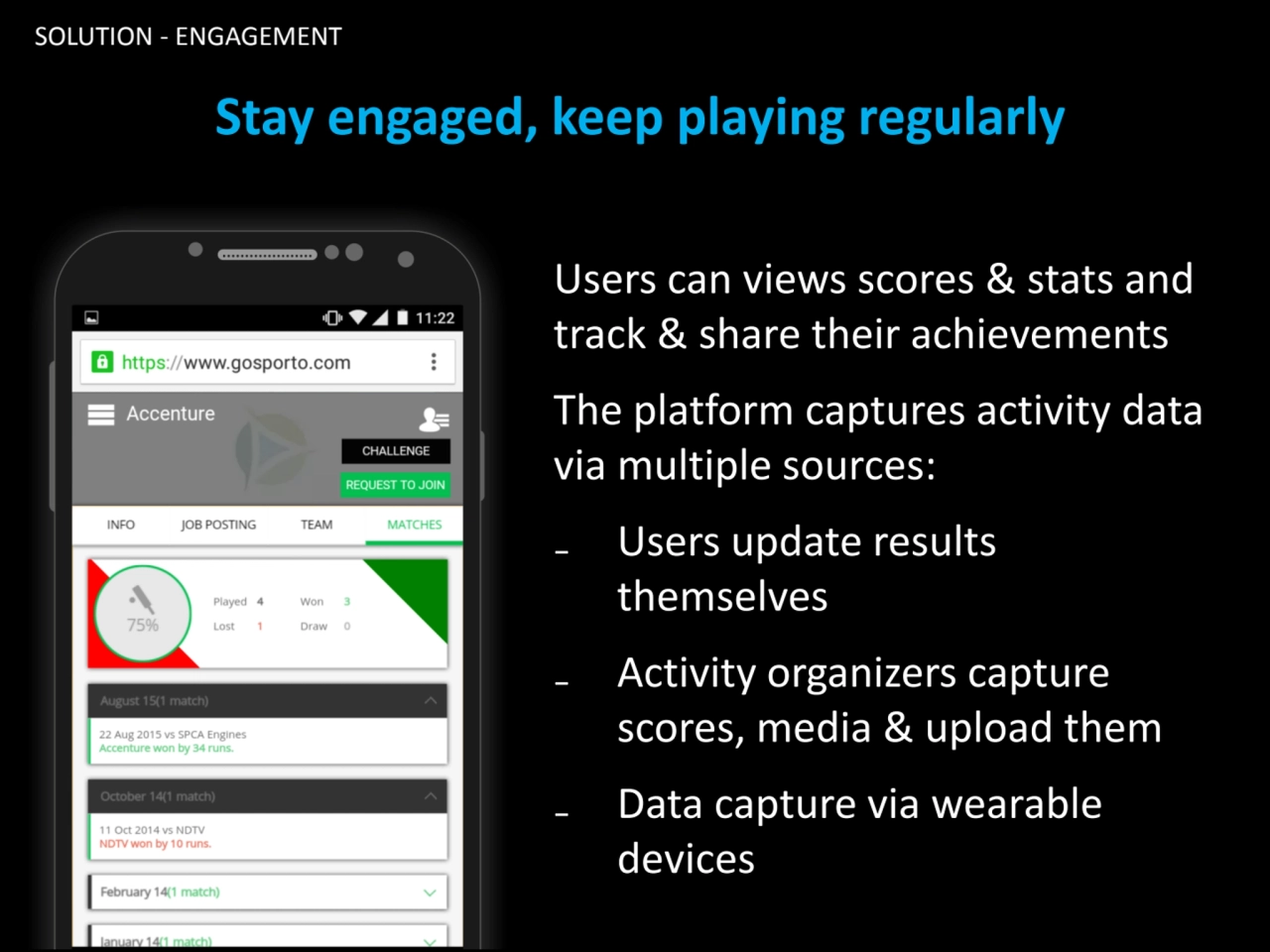 SOLUTION - ENGAGEMENT
Stay engaged, keep playing regularly
Users can views scores & stats and 
t…