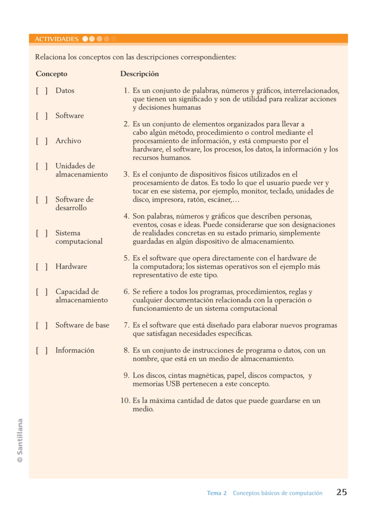 © Santillana
 Tema 2 Conceptos básicos de computación 25
ACTIVIDADES
Concepto
[ ] Datos 
[ ] S…