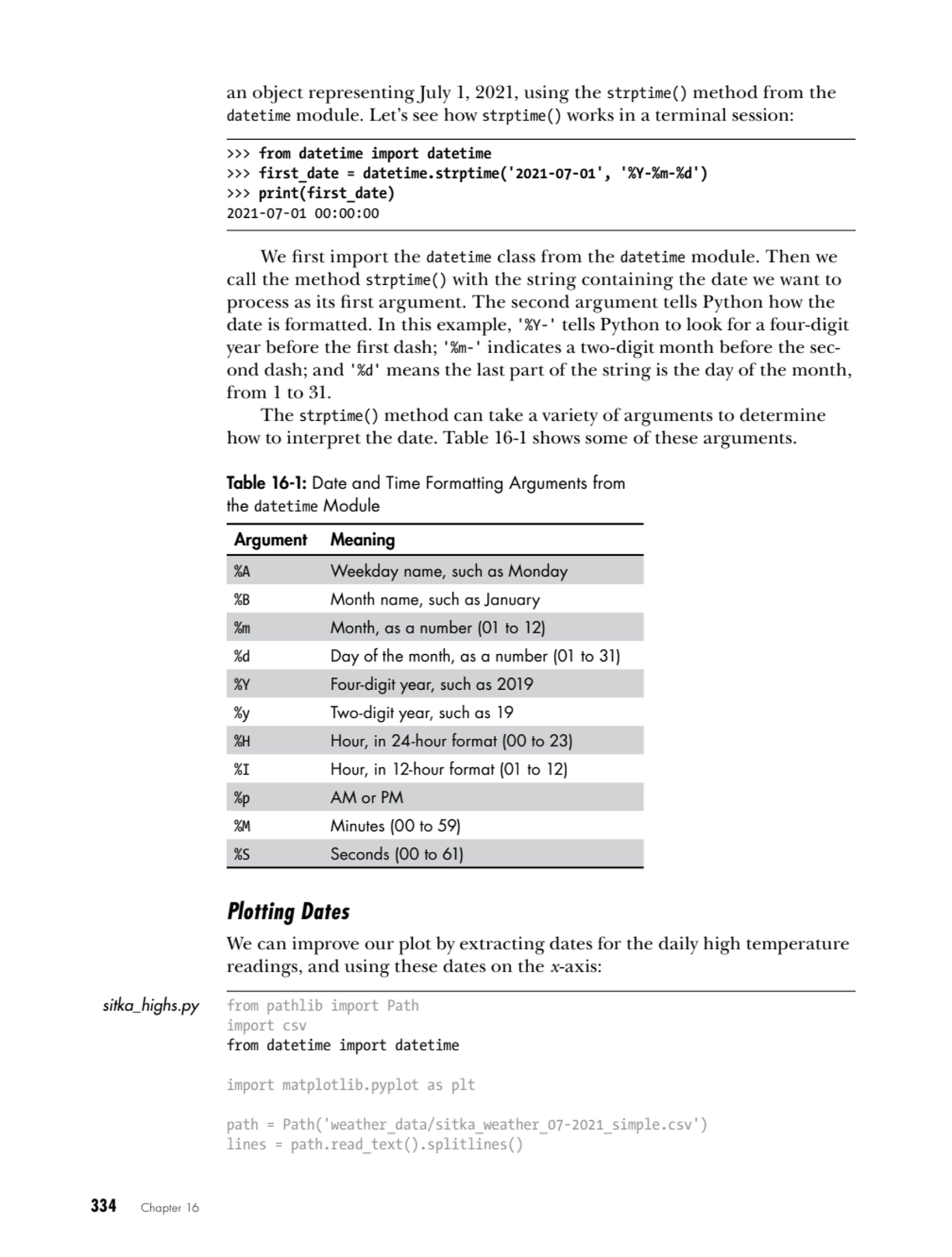 334   Chapter 16
an object representing July 1, 2021, using the strptime() method from the 
datet…