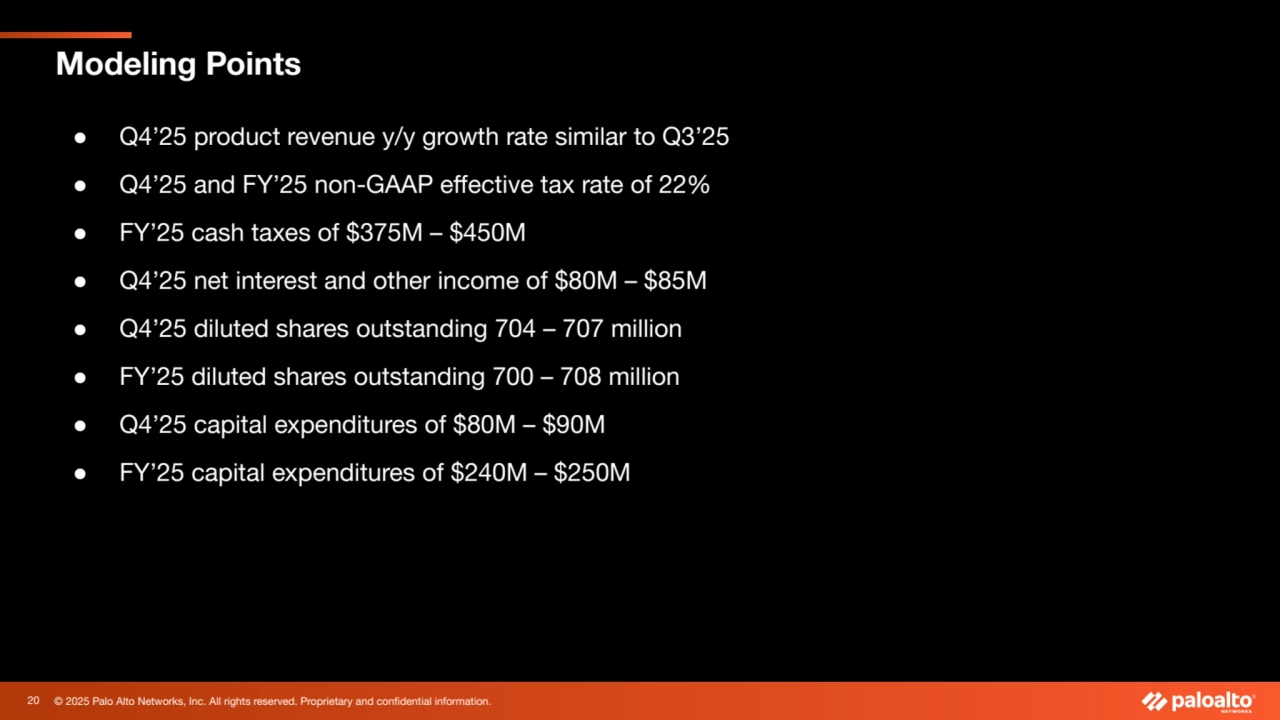 © 2025 Palo Alto Networks, Inc. All rights reserved. Proprietary and confidential information.
Modeling Points
● Q4’25 product revenue y/y growth rate similar to Q3’25
● Q4’25 and FY’25 non-GAAP effective tax rate of 22%
● FY’25 cash taxes of $375M – $450M
● Q4’25 net interest and other income of $80M – $85M
● Q4’25 diluted shares outstanding 704 – 707 million
● FY’25 diluted shares outstanding 700 – 708 million
● Q4’25 capital expenditures of $80M – $90M
● FY’25 capital expenditures of $240M – $250M
20