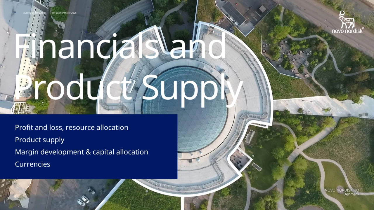 158 Novo Nordisk®
Investor presentation First six months of 2025
Financials and
Product Supply
158
Product supply 14
Product supply 147
Profit and loss, resource allocation 14
Profit and loss, resource allocation 144
Margin development & capital allocation 153
Currencies 156
Investor presentation First six months of 2025
Profit and loss, resource allocation
Product supply
Margin development & capital allocation
Currencies