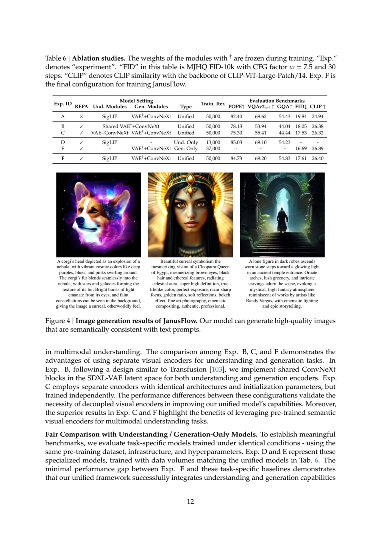 Table 6 | Ablation studies. The weights of the modules with † are frozen during training. “Exp.”
d…