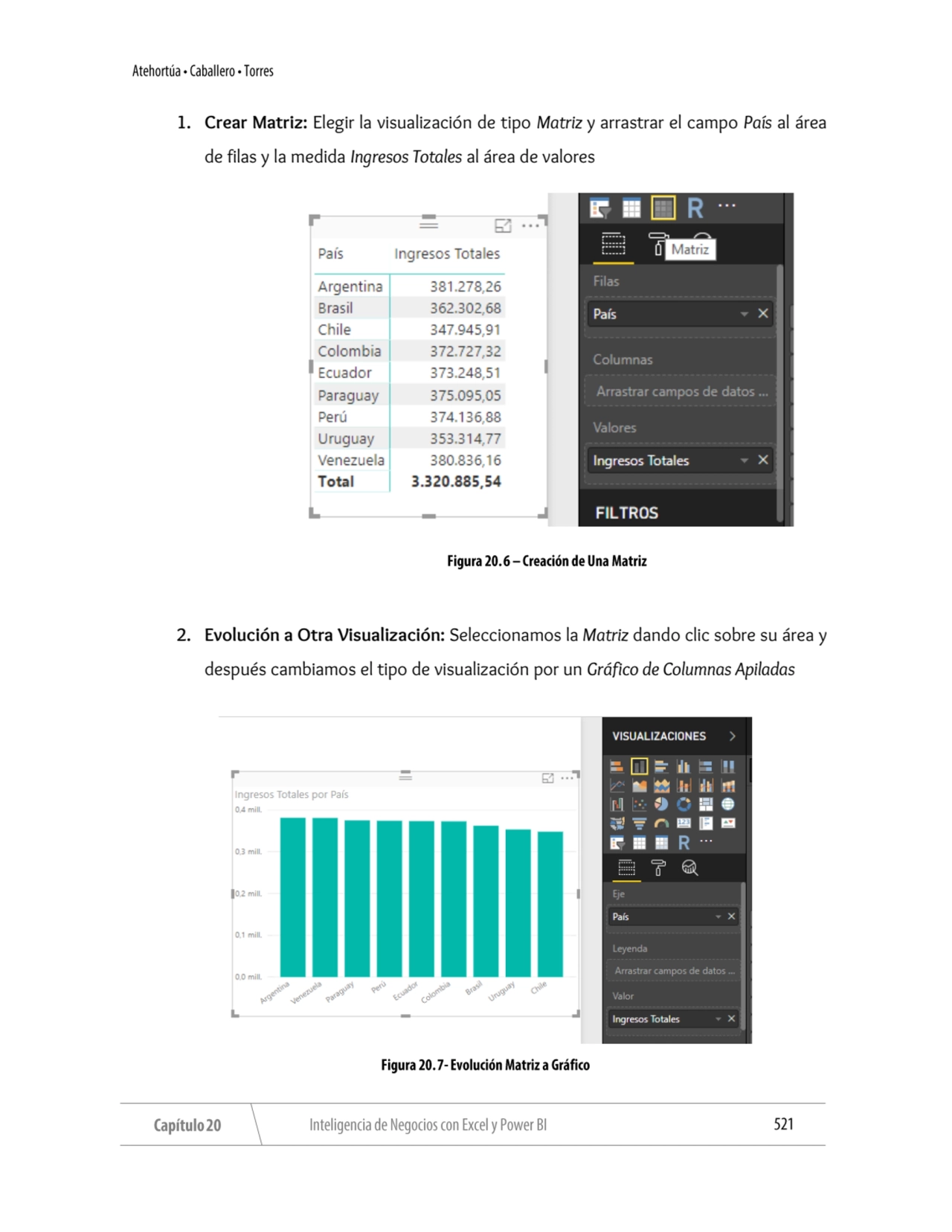 1. Crear Matriz: Elegir la visualización de tipo Matriz y arrastrar el campo País al área 
de fila…