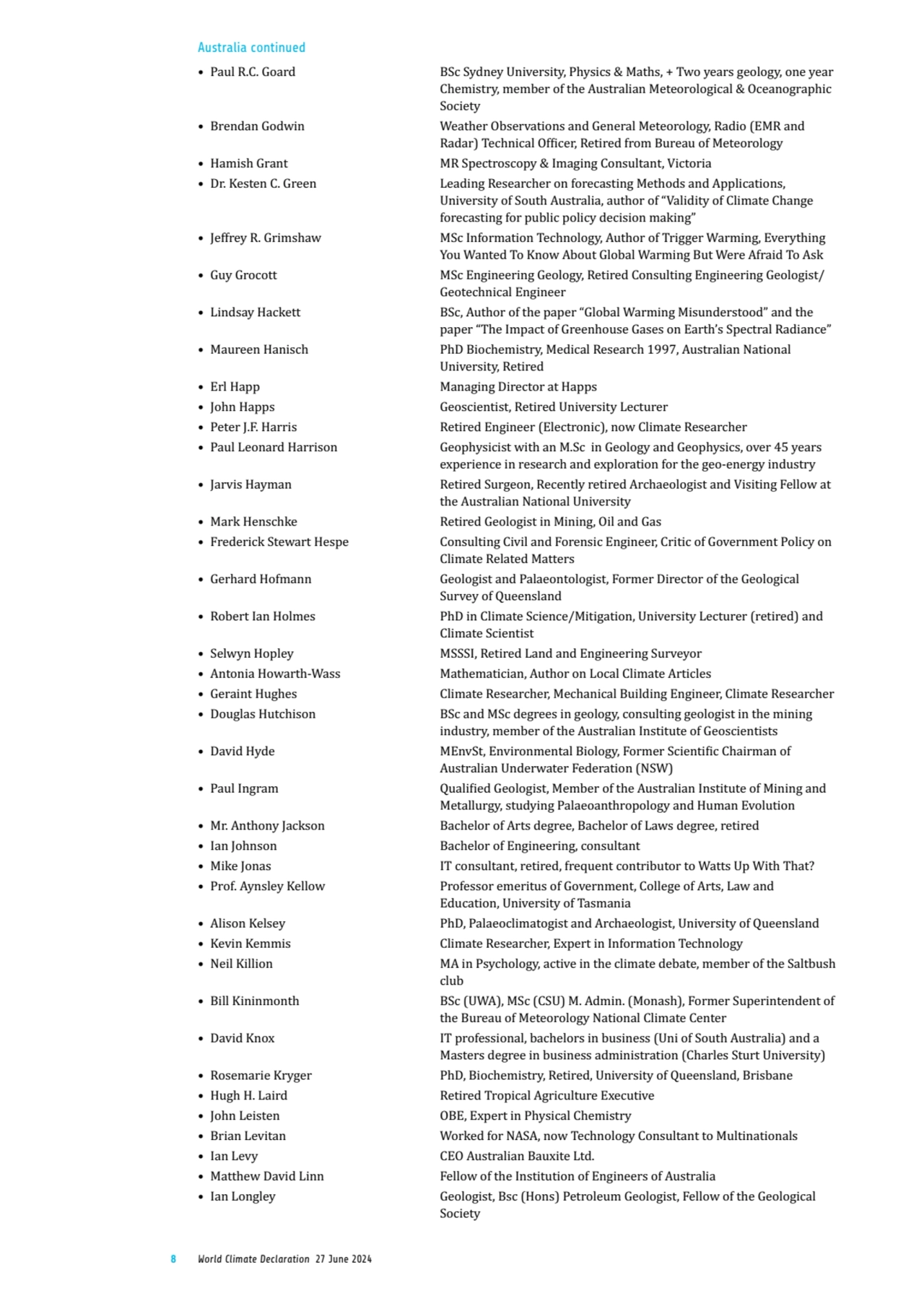 8 World Climate Declaration 27 June 2024
• Paul R.C. Goard BSc Sydney University, Physics & Maths,…