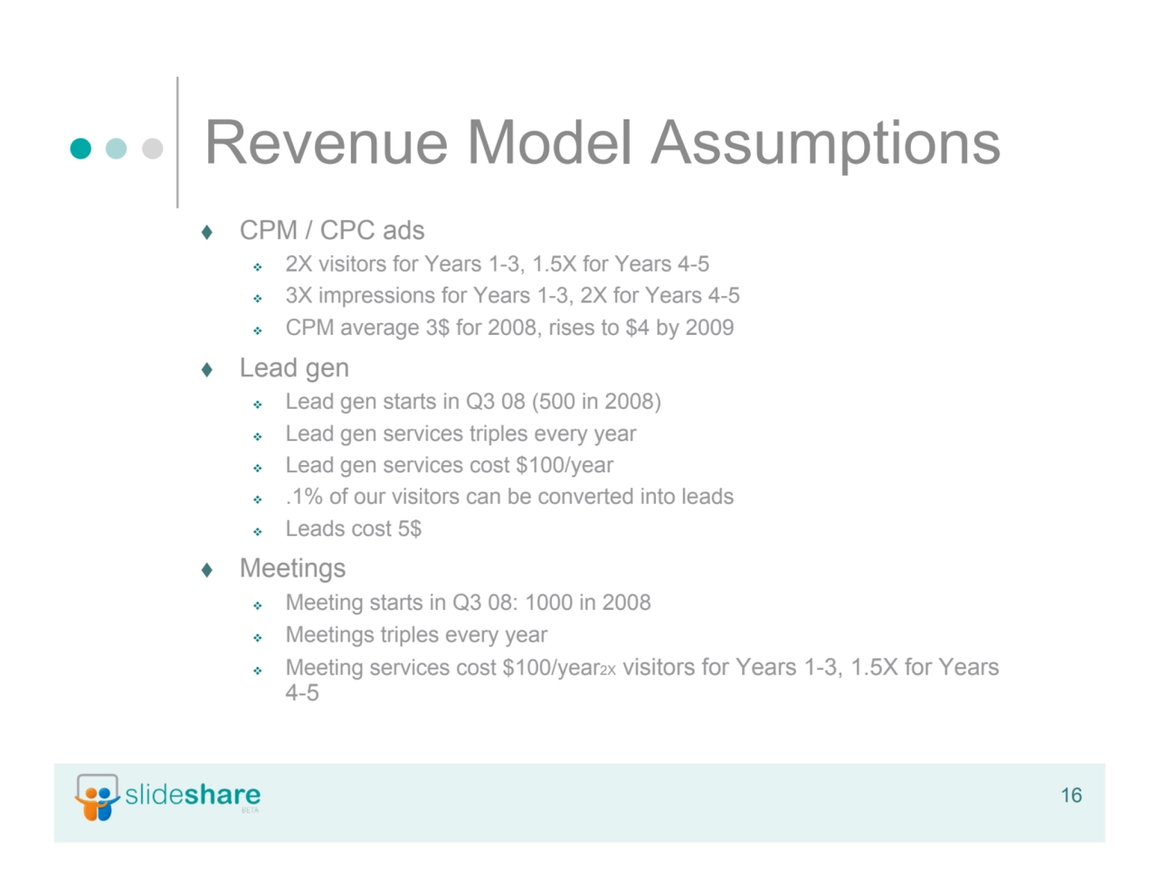 16
Revenue Model Assumptions
 CPM / CPC ads
 2X visitors for Years 1-3, 1.5X for Years 4-5
 …