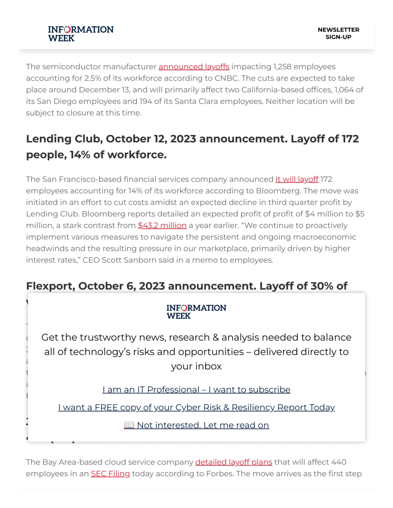 Qualcomm, October 12, 2023 announcement. Layoff of 1,258
people, 2.5% of workforce.
The semicondu…