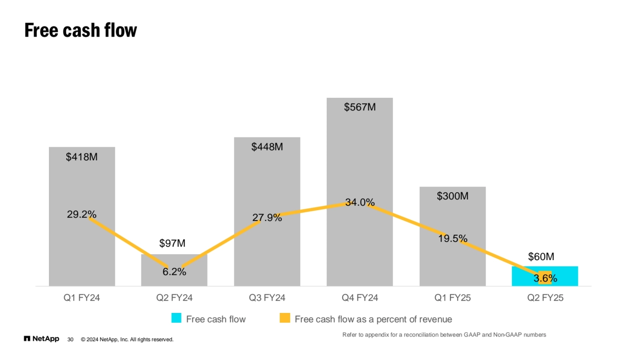© 2024 NetApp, Inc. All rights reserved.
Free cash flow
Free cash flow Free cash flow as a percent of revenue
30
Refer to appendix for a reconciliation between GAAP and Non-GAAP numbers
$418M
$448M
$567M
$300M
Q1 FY24 Q2 FY24 Q3 FY24 Q4 FY24 Q1 FY25 Q2 FY25
29.2%
6.2%
27.9%
34.0%
19.5%
3.6%
$60M
$97M
