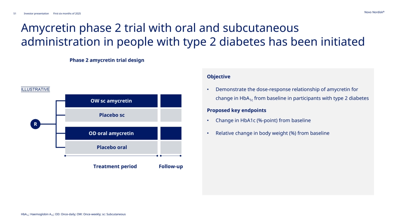 51 Novo Nordisk®
Investor presentation First six months of 2025
Amycretin phase 2 trial with oral and subcutaneous 
administration in people with type 2 diabetes has been initiated
Objective
• Demonstrate the dose-response relationship of amycretin for 
change in HbA1c from baseline in participants with type 2 diabetes
Proposed key endpoints
• Change in HbA1c (%-point) from baseline 
• Relative change in body weight (%) from baseline
Treatment period Follow-up
R
OW sc amycretin
Placebo oral 
OD oral amycretin
Placebo sc
ILLUSTRATIVE
Phase 2 amycretin trial design
HbA1c: Haemoglobin A1C; OD: Once-daily; OW: Once-weekly; sc: Subcutaneous