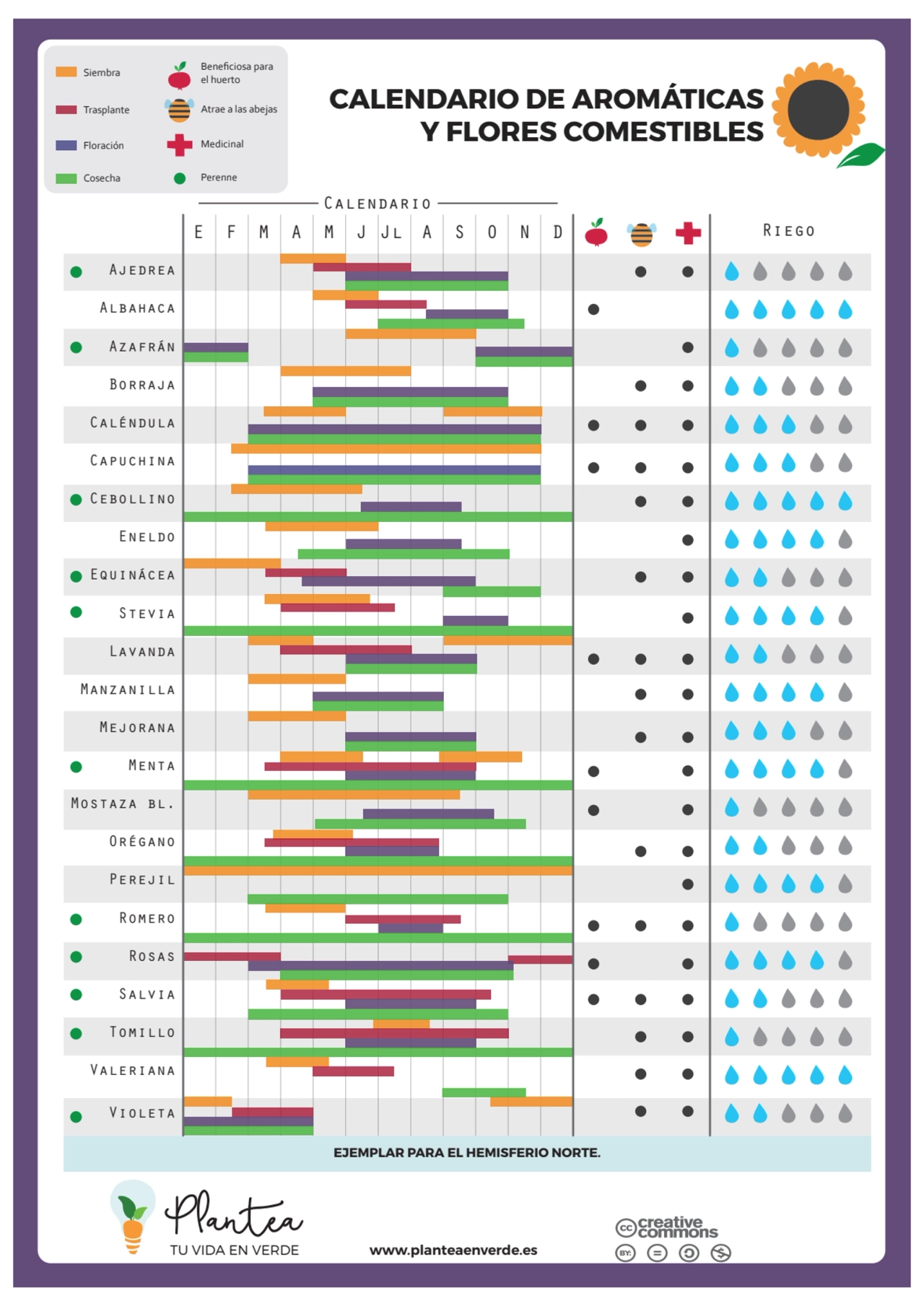 E F M A M J Jl A S O N D
Calendario
Riego
Ajedrea
Albahaca
Azafrán
Borraja
Caléndula
Capuch…