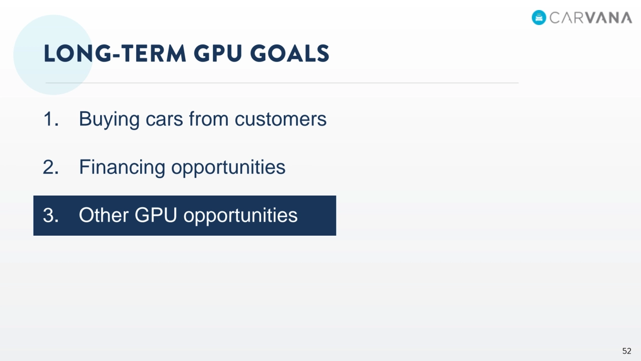 1. Buying cars from customers
2. Financing opportunities
3. Other GPU opportunities