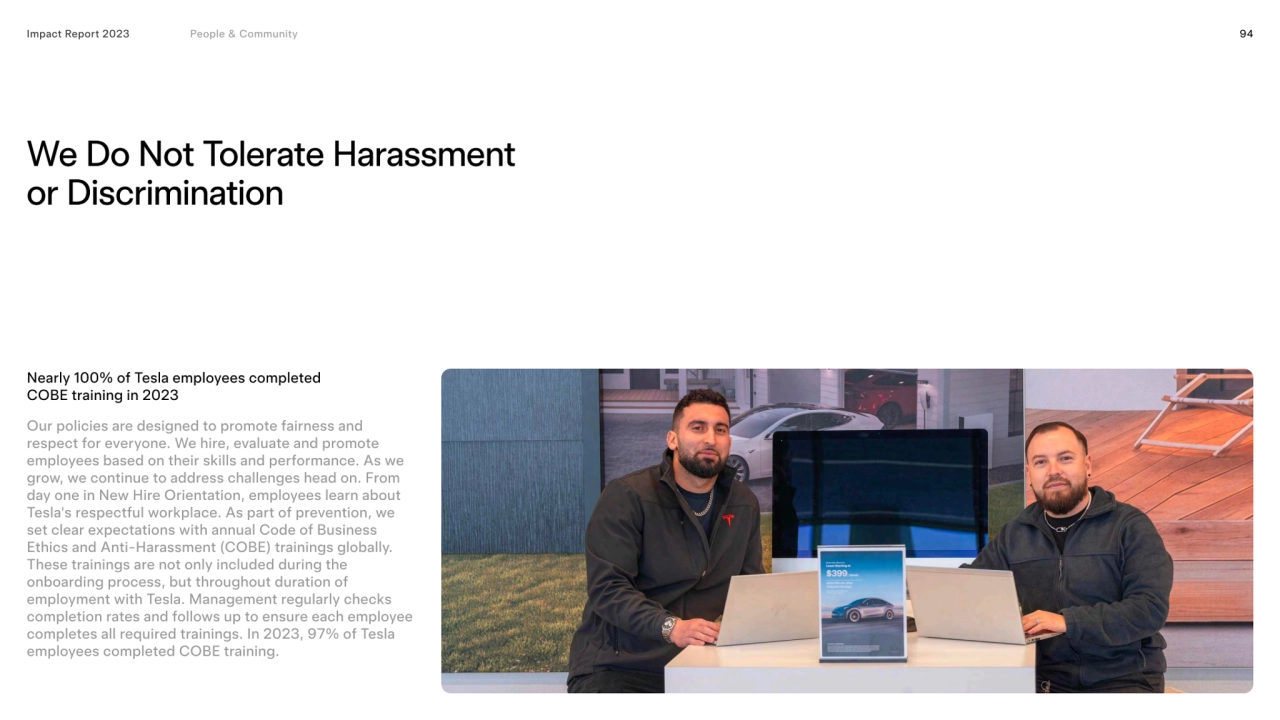 94
we do not tolerate harassment 
or discrimination 
Impact Report 2023
Nearly 100% of Tesla em…