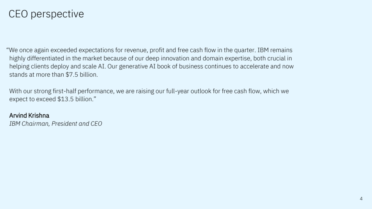 “We once again exceeded expectations for revenue, profit and free cash flow in the quarter. IBM remains 
highly differentiated in the market because of our deep innovation and domain expertise, both crucial in 
helping clients deploy and scale AI. Our generative AI book of business continues to accelerate and now 
stands at more than $7.5 billion.
With our strong first-half performance, we are raising our full-year outlook for free cash flow, which we 
expect to exceed $13.5 billion.”
Arvind Krishna
IBM Chairman, President and CEO
4
CEO perspective