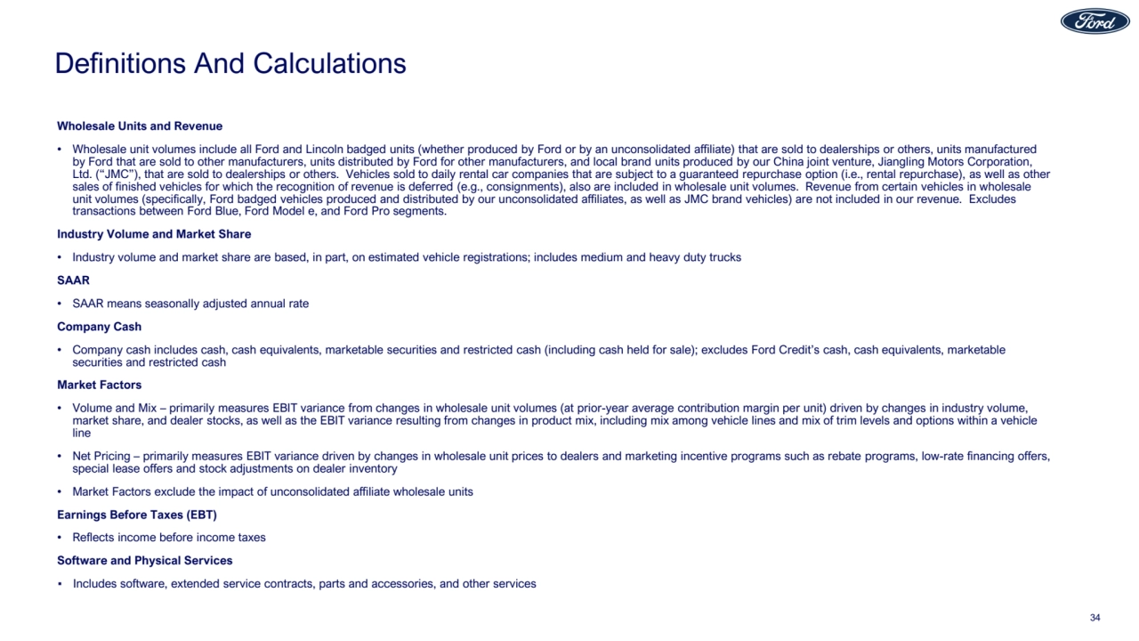 Definitions And Calculations
Wholesale Units and Revenue
• Wholesale unit volumes include all Ford and Lincoln badged units (whether produced by Ford or by an unconsolidated affiliate) that are sold to dealerships or others, units manufactured
by Ford that are sold to other manufacturers, units distributed by Ford for other manufacturers, and local brand units produced by our China joint venture, Jiangling Motors Corporation,
Ltd. (“JMC”), that are sold to dealerships or others. Vehicles sold to daily rental car companies that are subject to a guaranteed repurchase option (i.e., rental repurchase), as well as other
sales of finished vehicles for which the recognition of revenue is deferred (e.g., consignments), also are included in wholesale unit volumes. Revenue from certain vehicles in wholesale
unit volumes (specifically, Ford badged vehicles produced and distributed by our unconsolidated affiliates, as well as JMC brand vehicles) are not included in our revenue. Excludes
transactions between Ford Blue, Ford Model e, and Ford Pro segments.
Industry Volume and Market Share
• Industry volume and market share are based, in part, on estimated vehicle registrations; includes medium and heavy duty trucks
SAAR
• SAAR means seasonally adjusted annual rate
Company Cash
• Company cash includes cash, cash equivalents, marketable securities and restricted cash (including cash held for sale); excludes Ford Credit’s cash, cash equivalents, marketable
securities and restricted cash
Market Factors
• Volume and Mix – primarily measures EBIT variance from changes in wholesale unit volumes (at prior-year average contribution margin per unit) driven by changes in industry volume,
market share, and dealer stocks, as well as the EBIT variance resulting from changes in product mix, including mix among vehicle lines and mix of trim levels and options within a vehicle
line
• Net Pricing – primarily measures EBIT variance driven by changes in wholesale unit prices to dealers and marketing incentive programs such as rebate programs, low-rate financing offers,
special lease offers and stock adjustments on dealer inventory
• Market Factors exclude the impact of unconsolidated affiliate wholesale units
Earnings Before Taxes (EBT)
• Reflects income before income taxes
Software and Physical Services
▪ Includes software, extended service contracts, parts and accessories, and other services
34