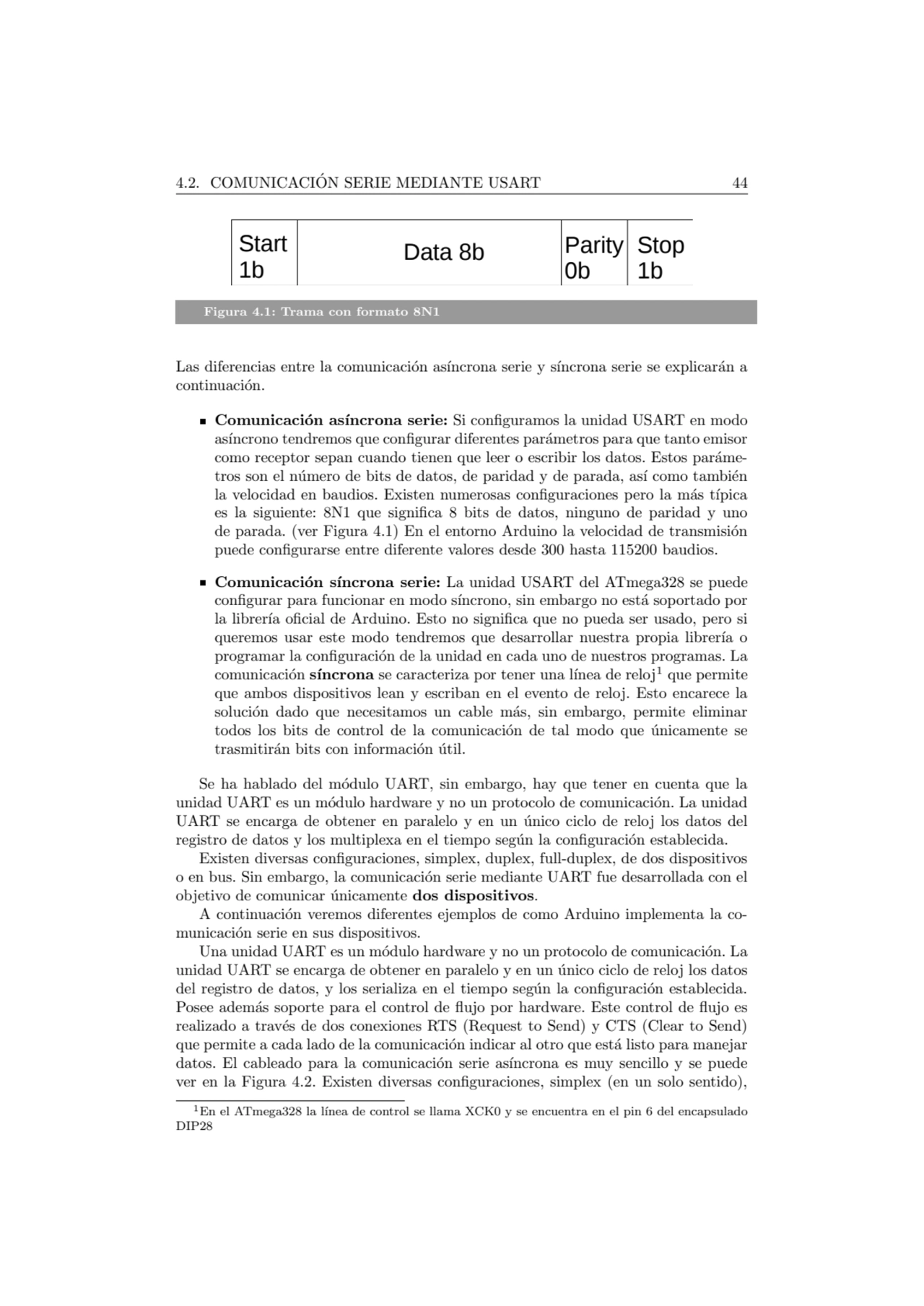 4.2. COMUNICACION SERIE MEDIANTE USART 44 ´
Data 8b Parity
0b
Start
1b
Stop
1b
Figura 4.1: T…