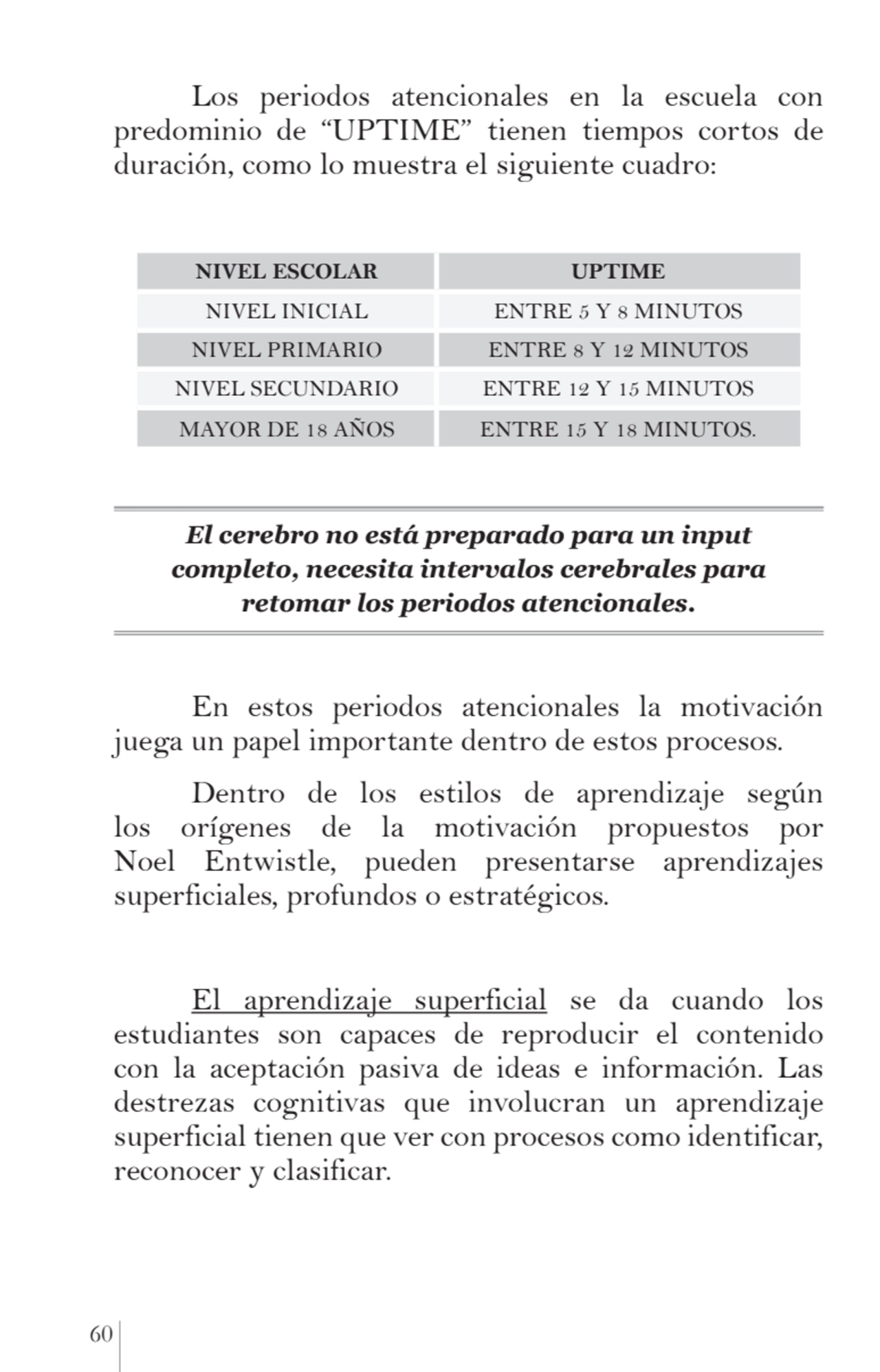 60 
Los periodos atencionales en la escuela con 
predominio de “UPTIME” tienen tiempos cortos de …