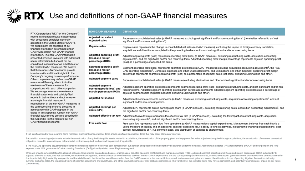 1 Net significant and/or non-recurring items represent significant nonoperational items and/or significant operational items that may occur at irregular intervals.
2 Acquisition accounting adjustments include the amortization of acquired intangible assets related to acquisitions, the amortization of the property, plant and equipment fair value adjustment acquired through acquisitions, the amortization of customer contractual 
obligations related to loss making or below market contracts acquired, and goodwill impairment, if applicable.
3 The FAS/CAS operating adjustment represents the difference between the service cost component of our pension and postretirement benefit (PRB) expense under the Financial Accounting Standards (FAS) requirements of GAAP and our pension and PRB 
expense under U.S. government Cost Accounting Standards (CAS) primarily related to our Raytheon segment.
When we provide our expectation for adjusted net sales (also referred to as adjusted sales), organic sales, adjusted operating profit (loss) and margin percentage (ROS), adjusted segment operating profit (loss) and margin percentage (ROS), adjusted EPS, 
adjusted effective tax rate, and free cash flow, on a forward-looking basis, a reconciliation of the differences between the non-GAAP expectations and the corresponding GAAP measures, as described above, generally are not available without unreasonable effort 
due to potentially high variability, complexity, and low visibility as to the items that would be excluded from the GAAP measure in the relevant future period, such as unusual gains and losses, the ultimate outcome of pending litigation, fluctuations in foreign 
currency exchange rates, the impact and timing of potential acquisitions and divestitures, and other structural changes or their probable significance. The variability of the excluded items may have a significant, and potentially unpredictable, impact on our future 
GAAP results.
RTX Corporation (“RTX” or “the Company”) 
reports its financial results in accordance 
with accounting principles generally 
accepted in the United States (“GAAP”). 
We supplement the reporting of our 
financial information determined under 
GAAP with certain non-GAAP financial 
information. The non-GAAP information 
presented provides investors with additional 
useful information but should not be 
considered in isolation or as substitutes for 
the related GAAP measures. We believe 
that these non-GAAP measures provide 
investors with additional insight into the 
Company’s ongoing business performance. 
Other companies may define non-GAAP 
measures differently, which limits the 
usefulness of these measures for 
comparisons with such other companies. 
We encourage investors to review our 
financial statements and publicly-filed 
reports in their entirety and not to rely on 
any single financial measure. A 
reconciliation of the non-GAAP measures to 
the corresponding amounts prepared in 
accordance with GAAP appears in the 
tables in this Appendix. Certain non-GAAP 
financial adjustments are also described in 
this Appendix. To the right are our nonGAAP financial measures:
NON-GAAP MEASURE DEFINITION 
Adjusted net sales / 
Adjusted sales
Represents consolidated net sales (a GAAP measure), excluding net significant and/or non-recurring items1 (hereinafter referred to as “net 
significant and/or non-recurring items”).
Organic sales Organic sales represents the change in consolidated net sales (a GAAP measure), excluding the impact of foreign currency translation, 
acquisitions and divestitures completed in the preceding twelve months and net significant and/or non-recurring items.
Adjusted operating profit 
(loss) and margin 
percentage (ROS)
Adjusted operating profit (loss) represents operating profit (loss) (a GAAP measure), excluding restructuring costs, acquisition accounting 
adjustments2, and net significant and/or non-recurring items. Adjusted operating profit margin percentage represents adjusted operating profit 
(loss) as a percentage of adjusted net sales.
Segment operating profit 
(loss) and margin 
percentage (ROS)
Segment operating profit (loss) represents operating profit (loss) (a GAAP measure) excluding acquisition accounting adjustments2, the FAS/
CAS operating adjustment3, Corporate expenses and other unallocated items, and Eliminations and other. Segment operating profit margin 
percentage represents segment operating profit (loss) as a percentage of segment sales (net sales, excluding Eliminations and other).
Adjusted segment sales Represents consolidated net sales (a GAAP measure) excluding eliminations and other and net significant and/or non-recurring items.
Adjusted segment 
operating profit (loss) and 
margin percentage (ROS)
Adjusted segment operating profit (loss) represents segment operating profit (loss) excluding restructuring costs, and net significant and/or nonrecurring items. Adjusted segment operating profit margin percentage represents adjusted segment operating profit (loss) as a percentage of 
adjusted segment sales (adjusted net sales excluding Eliminations and other).
Adjusted net income Adjusted net income represents net income (a GAAP measure), excluding restructuring costs, acquisition accounting adjustments2
, and net 
significant and/or non-recurring items.
Adjusted earnings per 
share (EPS)
Adjusted EPS represents diluted earnings per share (a GAAP measure), excluding restructuring costs, acquisition accounting adjustments2, and 
net significant and/or non-recurring items.
Adjusted effective tax rate Adjusted effective tax rate represents the effective tax rate (a GAAP measure), excluding the tax impact of restructuring costs, acquisition 
accounting adjustments2, and net significant and/or non-recurring items.
Free cash flow Free cash flow represents cash flow from operations (a GAAP measure) less capital expenditures. Management believes free cash flow is a 
useful measure of liquidity and an additional basis for assessing RTX’s ability to fund its activities, including the financing of acquisitions, debt 
service, repurchases of RTX’s common stock, and distribution of earnings to shareowners.
Use and definitions of non-GAAP financial measures
13