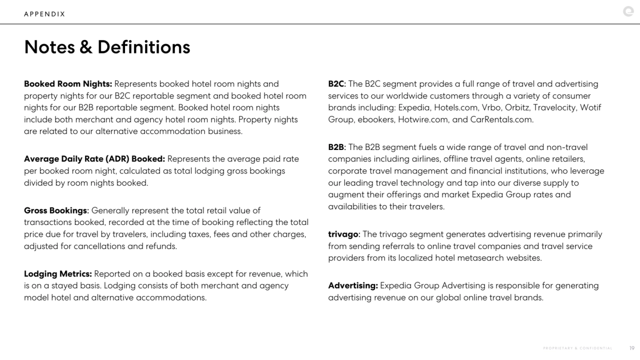 Booked Room Nights: Represents booked hotel room nights and 
property nights for our B2C reportable segment and booked hotel room 
nights for our B2B reportable segment. Booked hotel room nights 
include both merchant and agency hotel room nights. Property nights 
are related to our alternative accommodation business. 
Average Daily Rate (ADR) Booked: Represents the average paid rate 
per booked room night, calculated as total lodging gross bookings 
divided by room nights booked. 
Gross Bookings: Generally represent the total retail value of 
transactions booked, recorded at the time of booking reflecting the total 
price due for travel by travelers, including taxes, fees and other charges, 
adjusted for cancellations and refunds. 
Lodging Metrics: Reported on a booked basis except for revenue, which 
is on a stayed basis. Lodging consists of both merchant and agency 
model hotel and alternative accommodations. 
B2C: The B2C segment provides a full range of travel and advertising 
services to our worldwide customers through a variety of consumer 
brands including: Expedia, Hotels.com, Vrbo, Orbitz, Travelocity, Wotif 
Group, ebookers, Hotwire.com, and CarRentals.com. 
B2B: The B2B segment fuels a wide range of travel and non-travel 
companies including airlines, offline travel agents, online retailers, 
corporate travel management and financial institutions, who leverage 
our leading travel technology and tap into our diverse supply to 
augment their offerings and market Expedia Group rates and 
availabilities to their travelers.
trivago: The trivago segment generates advertising revenue primarily 
from sending referrals to online travel companies and travel service 
providers from its localized hotel metasearch websites. 
Advertising: Expedia Group Advertising is responsible for generating 
advertising revenue on our global online travel brands.
A P P E N D I X
Notes & Definitions
P R O P R I E T A R Y & C O N F I D E N T I A L 19