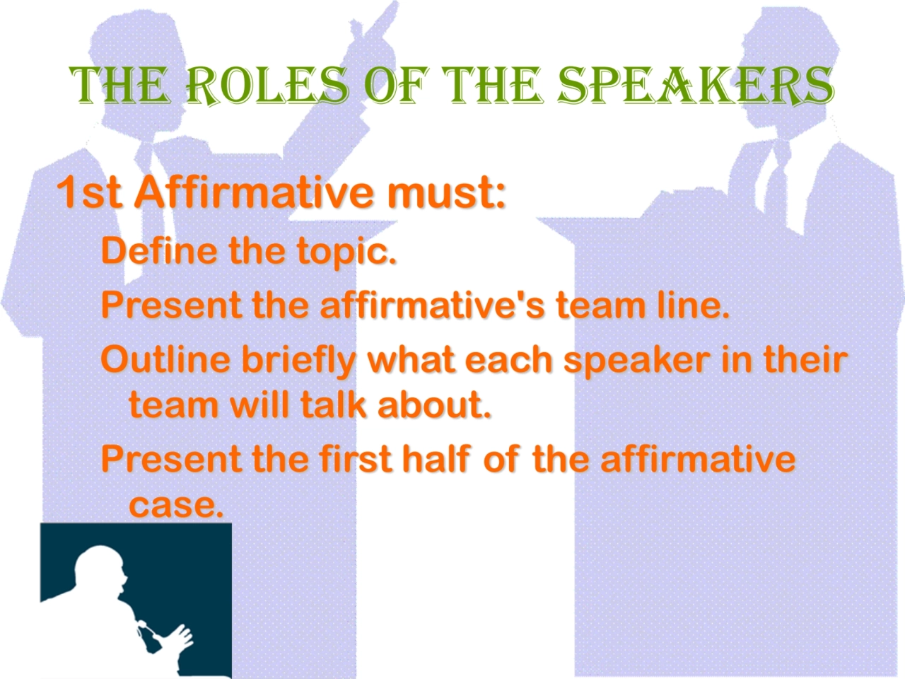 The Roles of The Speakers
1st Affirmative must:
Define the topic. 
Present the affirmative's tea…