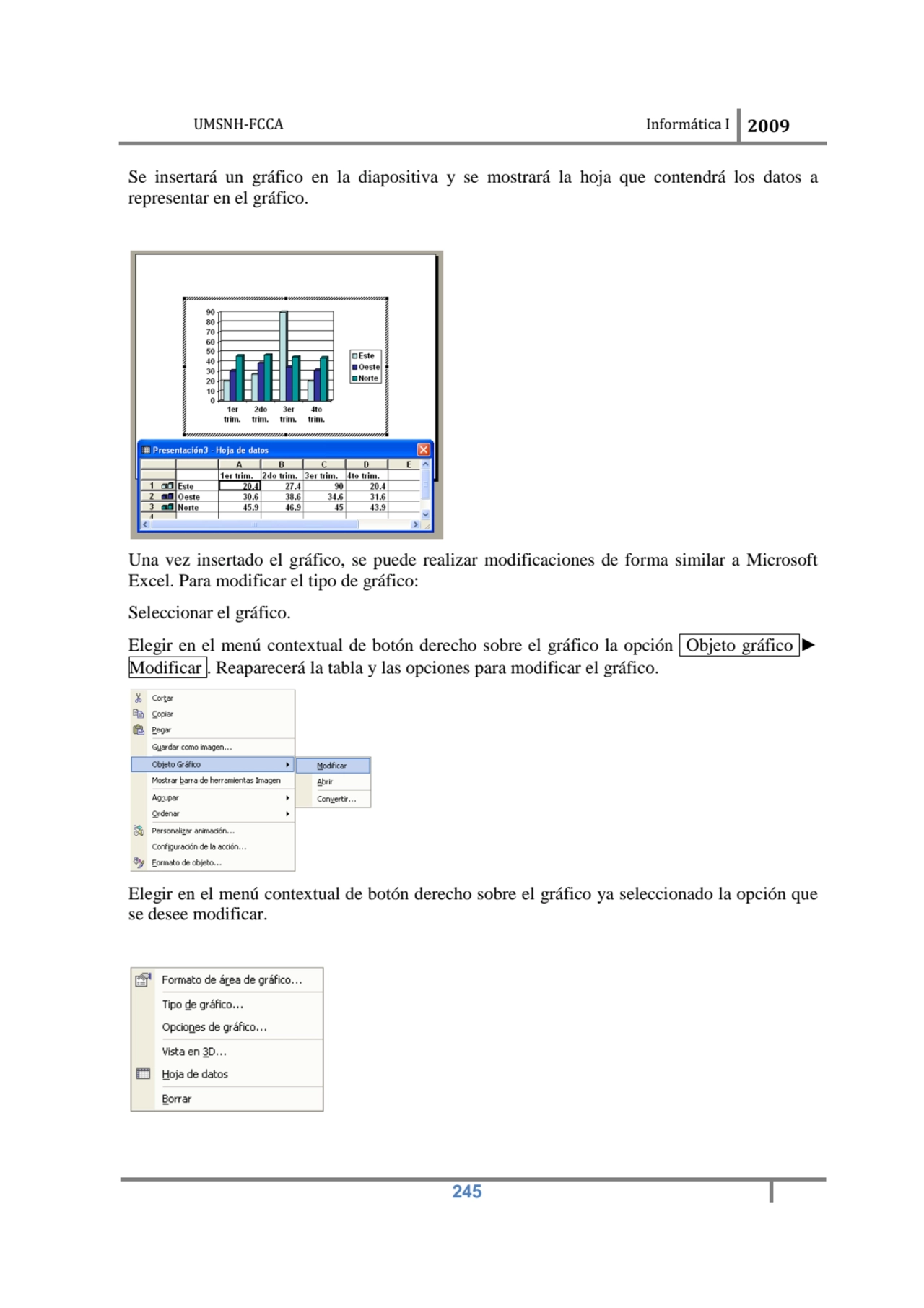 UMSNH-FCCA Informática I 2009
 245
Se insertará un gráfico en la diapositiva y se mostrará la hoj…