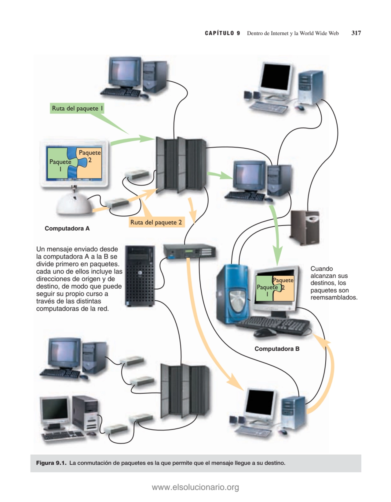 CAPÍTULO 9 Dentro de Internet y la World Wide Web 317
Computadora A
Computadora B
Ruta del paque…