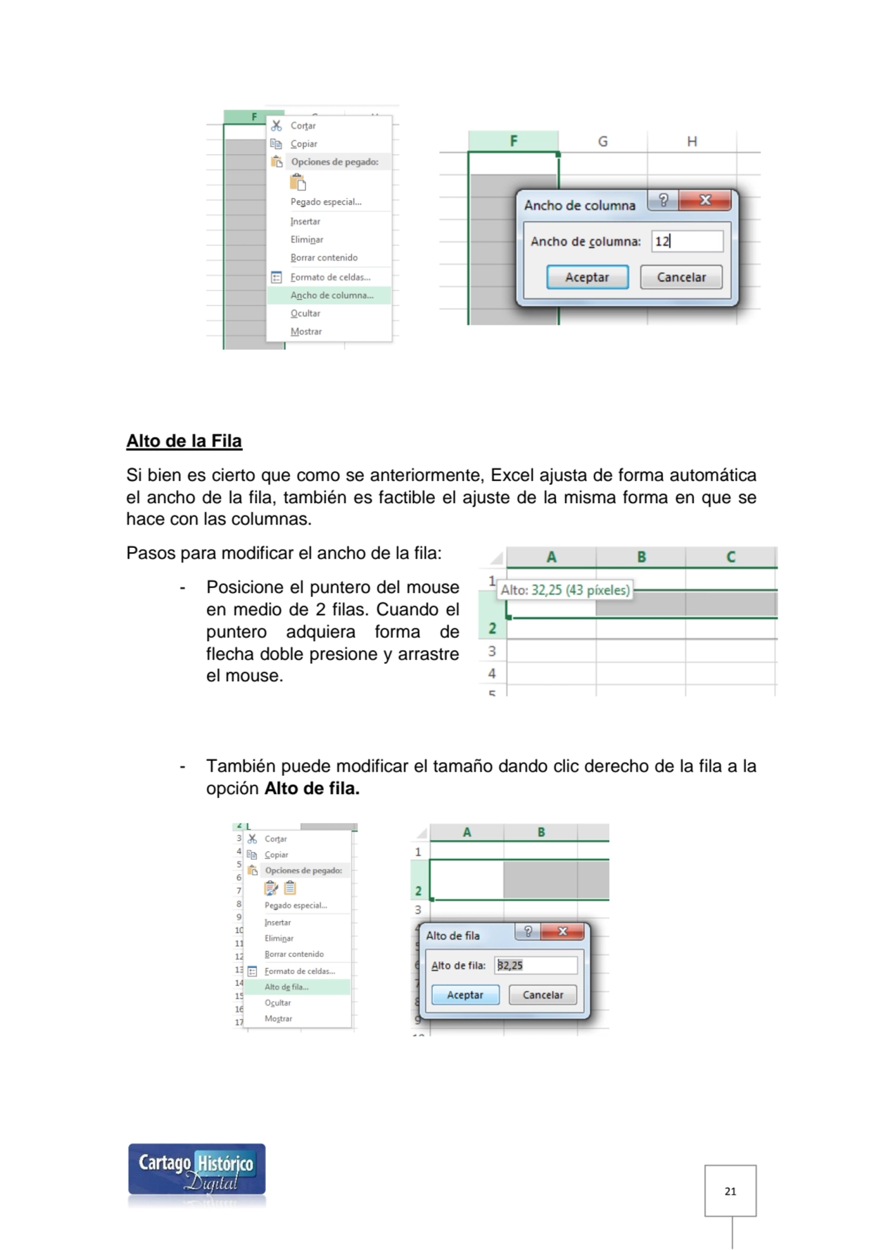 21
Alto de la Fila 
Si bien es cierto que como se anteriormente, Excel ajusta de forma automática…