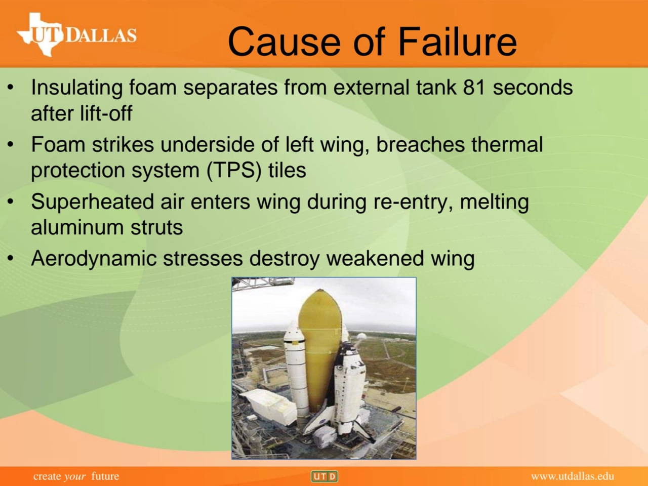 create your future www.utdallas.edu
Cause of Failure
• Insulating foam separates from external ta…