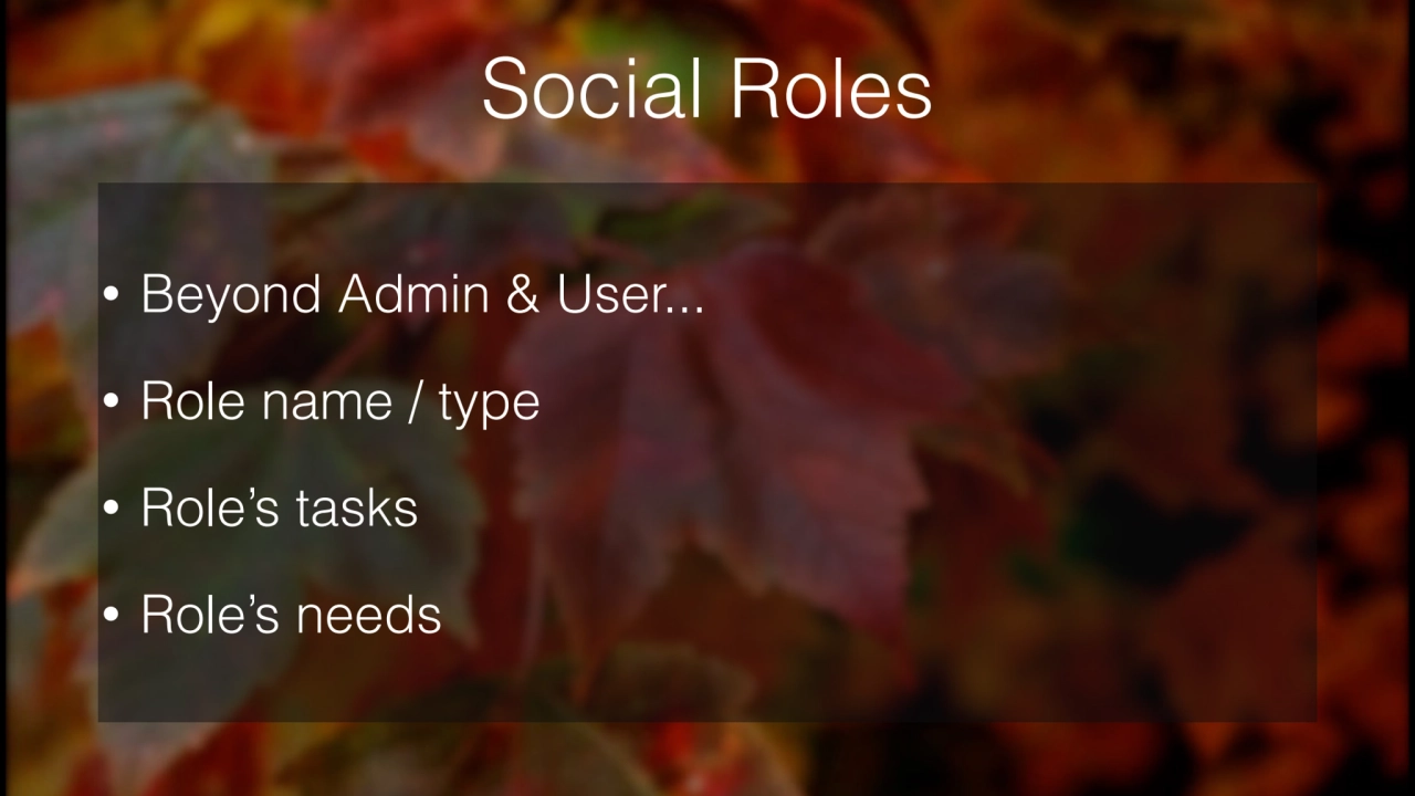 Social Roles
• Beyond Admin & User... 
• Role name / type 
• Role’s tasks 
• Role’s needs