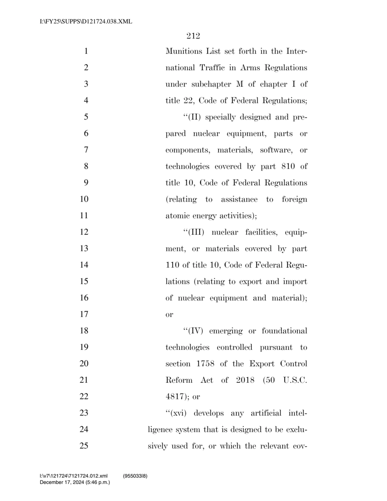 212 
1 Munitions List set forth in the Inter2 national Traffic in Arms Regulations 
3 under subc…