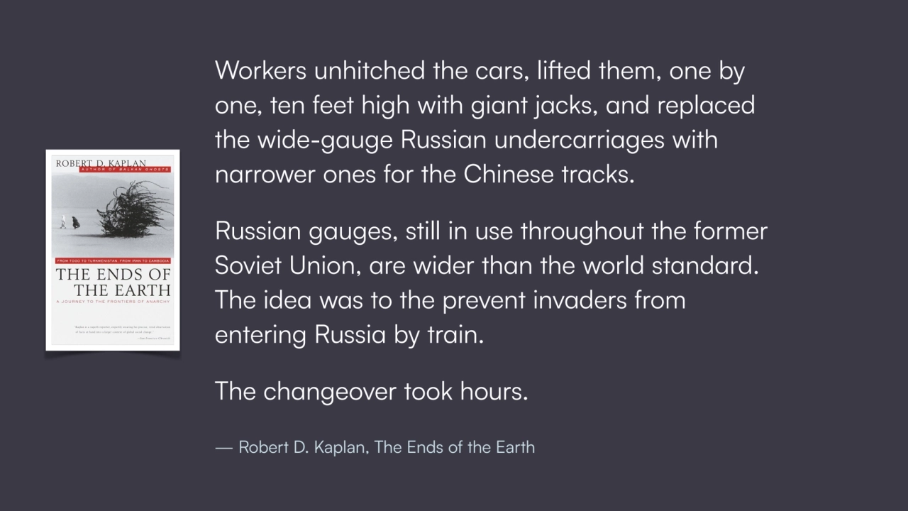 Workers unhitched the cars, lifted them, one by 
one, ten feet high with giant jacks, and replaced…