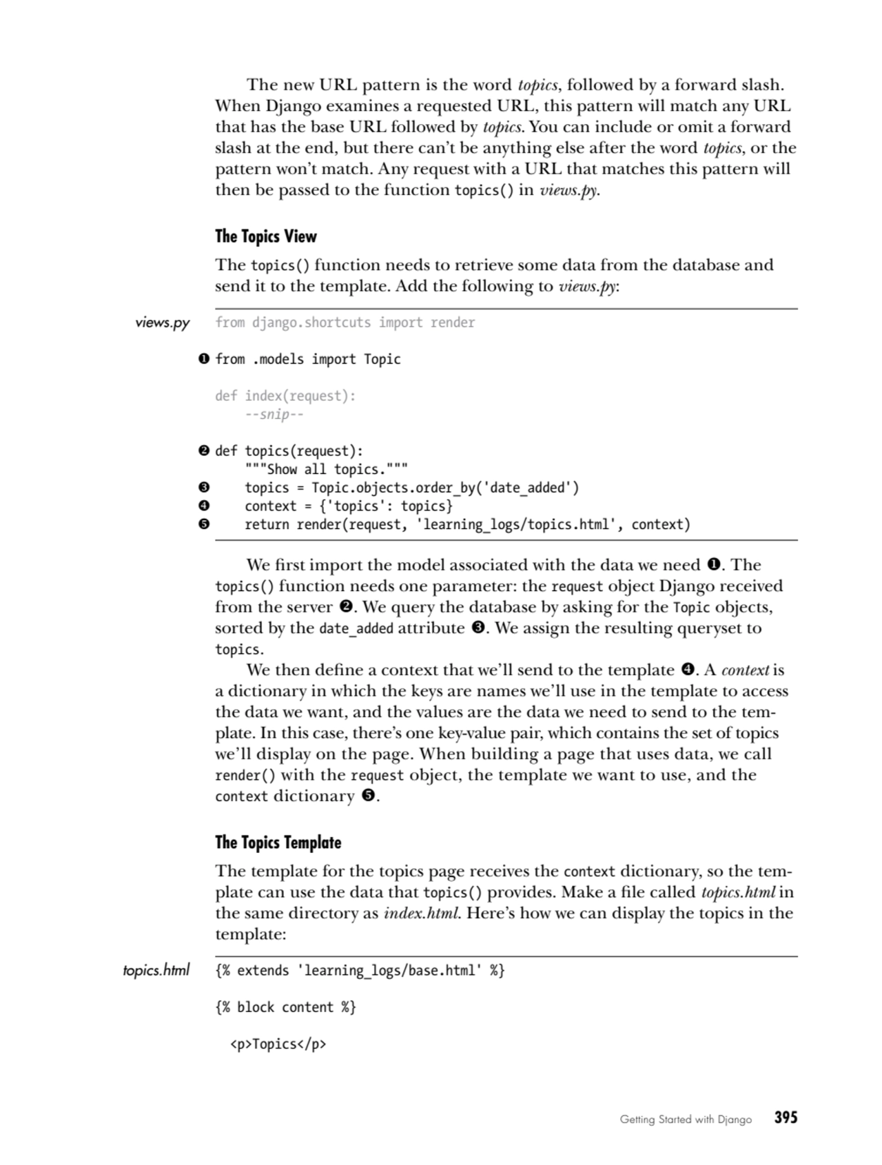 Getting Started with Django   395
The new URL pattern is the word topics, followed by a forward sl…