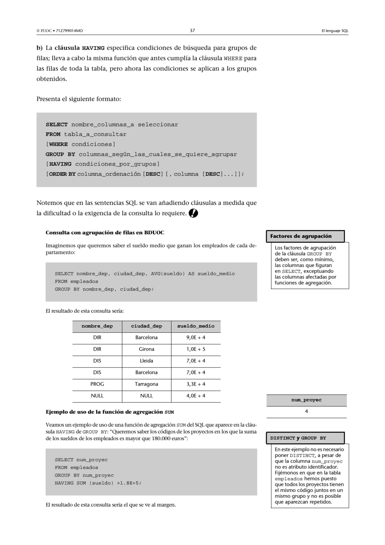  FUOC • 71Z799014MO 37 El lenguaje SQL
b) La cláusula HAVING especifica condiciones de búsqueda p…