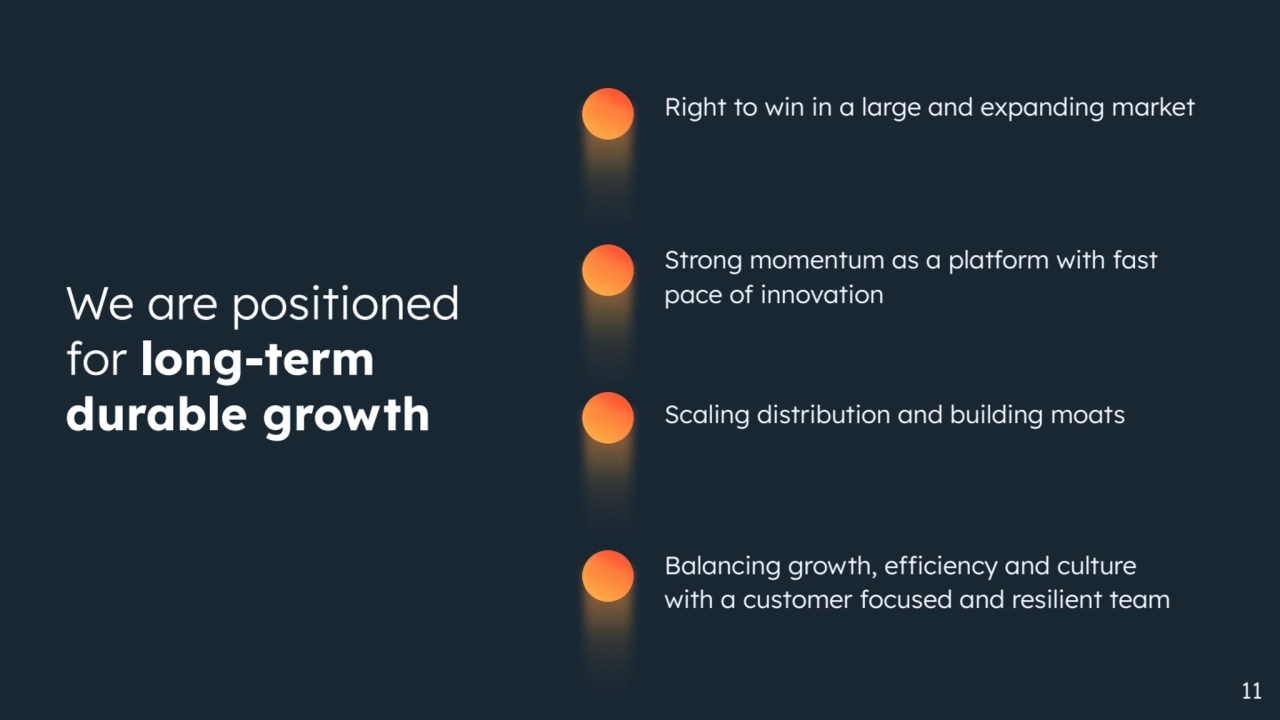 We are positioned
for long-term
durable growth
Right to win in a large and expanding market
Strong momentum as a platform with fast
pace of innovation
Scaling distribution and building moats
Balancing growth, efficiency and culture
with a customer focused and resilient team
11