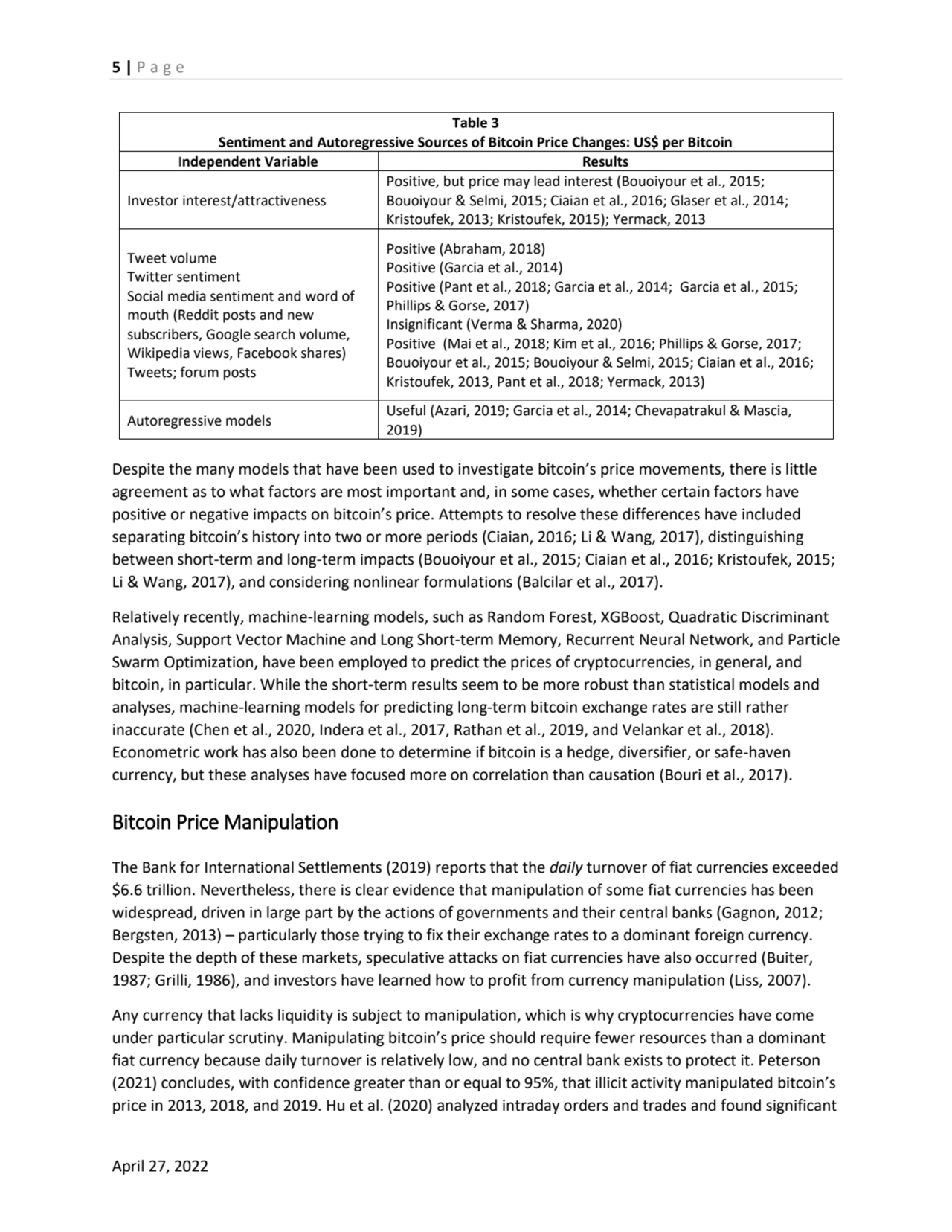 5 | P a g e
April 27, 2022
Table 3
Sentiment and Autoregressive Sources of Bitcoin Price Changes…