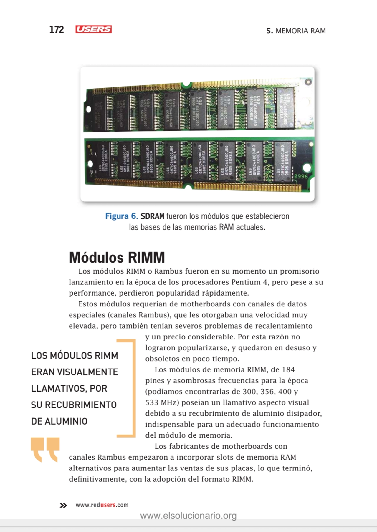 172 5. MEMORIA RAM
www.redusers.com
Figura 6. SDRAM fueron los módulos que establecieron 
las ba…