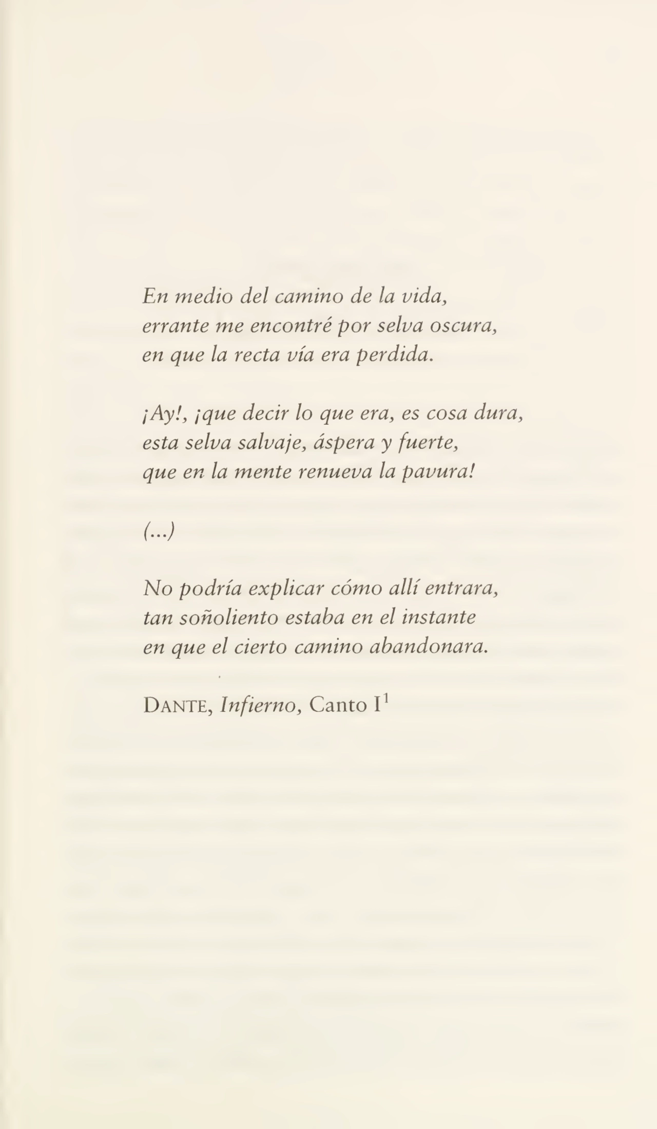 En medio del camino de la vida,
errante me encontré por selva oscura,
en que la recta vía era perdida.
¡Ay!, ¡que decir lo que era, es cosa dura,
esta selva salvaje, áspera y fuerte,
que en la mente renueva la pavura!
(...)
No podría explicar cómo allí entrara,
tan soñoliento estaba en el instante
en que el cierto camino abandonara.
Dante, Infierno, Canto 11