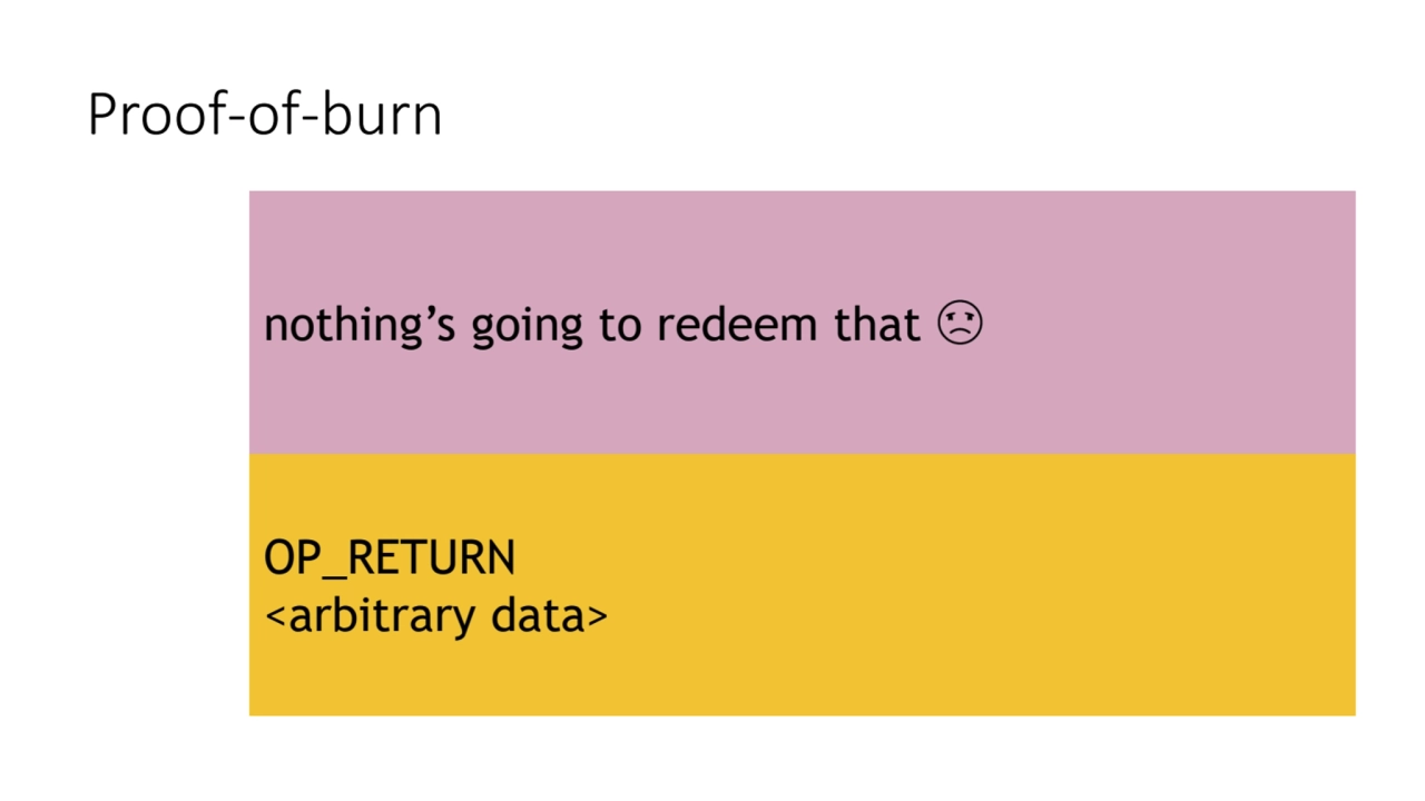 Proof-of-burn
OP_RETURN
<arbitrary data>
nothing’s going to redeem that 