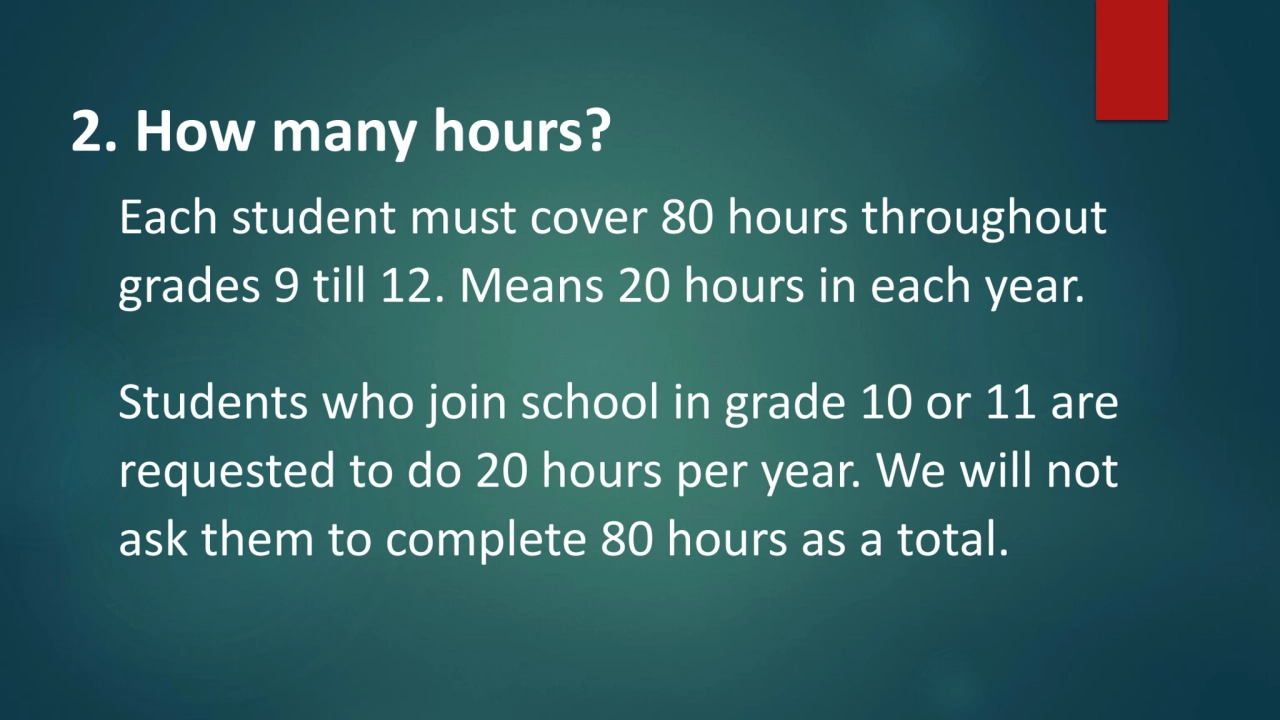 2. How many hours?
Each student must cover 80 hours throughout 
grades 9 till 12. Means 20 hours …