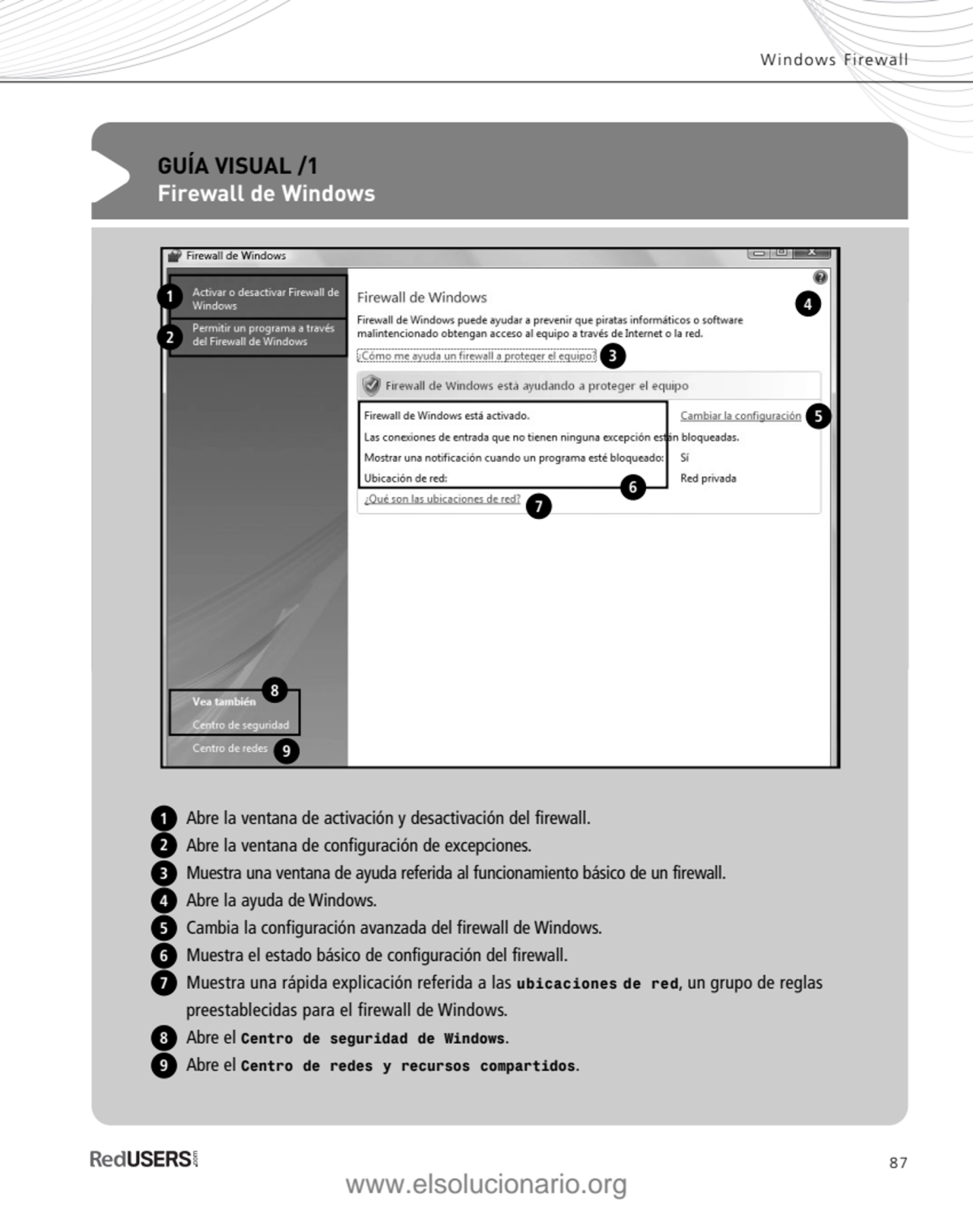 87
Windows Firewall
GUÍA VISUAL /1
Firewall de Windows
Abre la ventana de activación y desactiv…