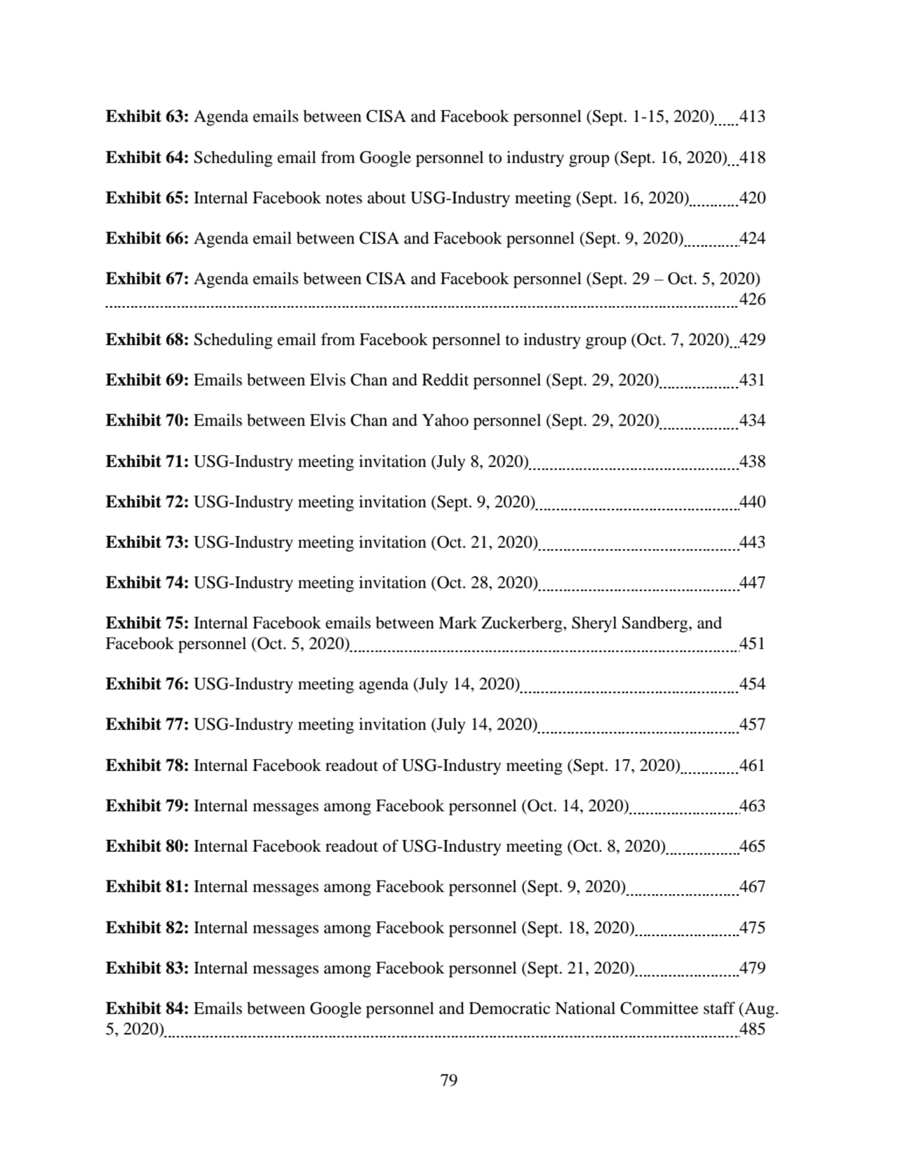 79
Exhibit 63: Agenda emails between CISA and Facebook personnel (Sept. 1-15, 2020) 413
Exhibit 6…