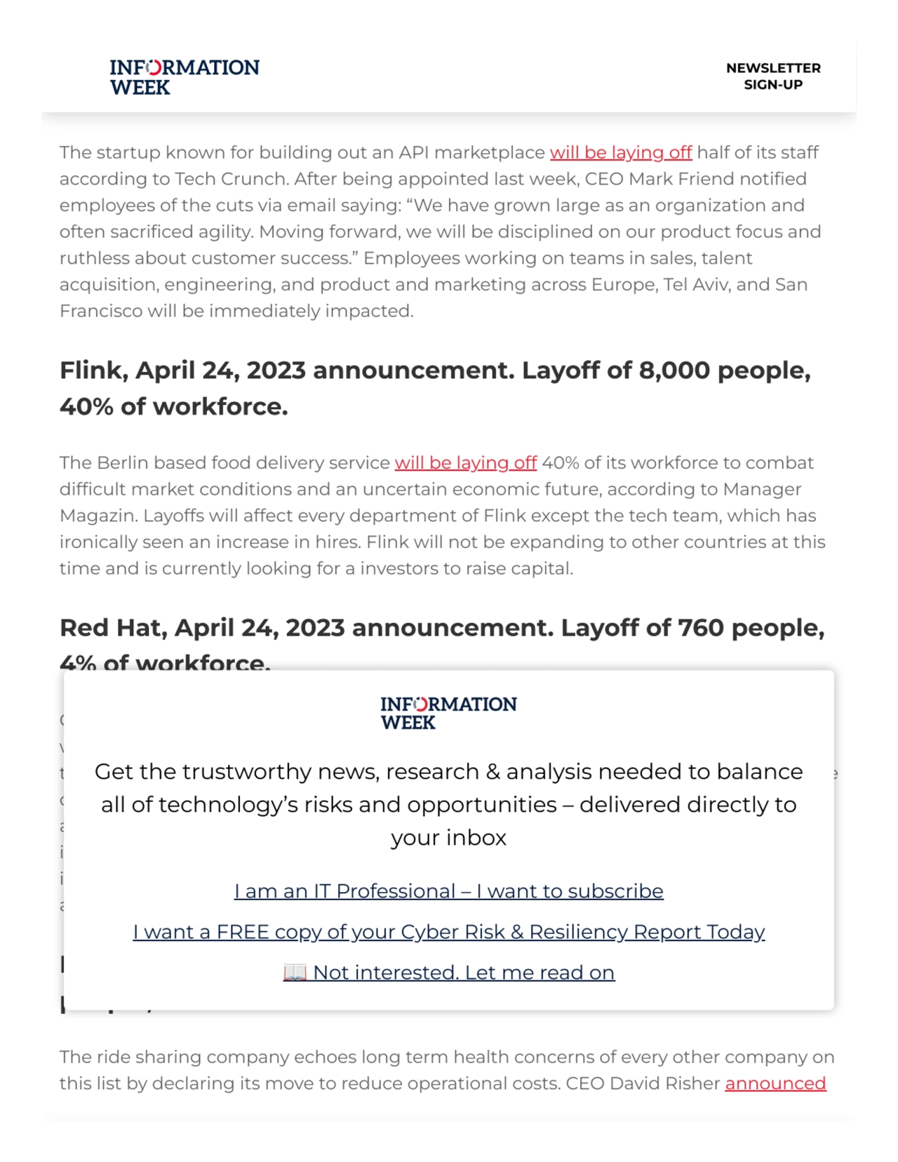 RapidAPI, April 25, 2023 announcement. Layoff of at least 115
people, 50% of workforce.
The start…