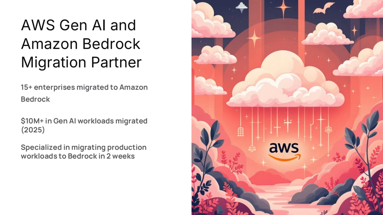 preencoded.png
AWS Gen AI and 
Amazon Bedrock 
Migration Partner
15+ enterprises migrated to Amazon 
Bedrock
$10M+ in Gen AI workloads migrated 
(2025)
Specialized in migrating production 
workloads to Bedrock in 2 weeks