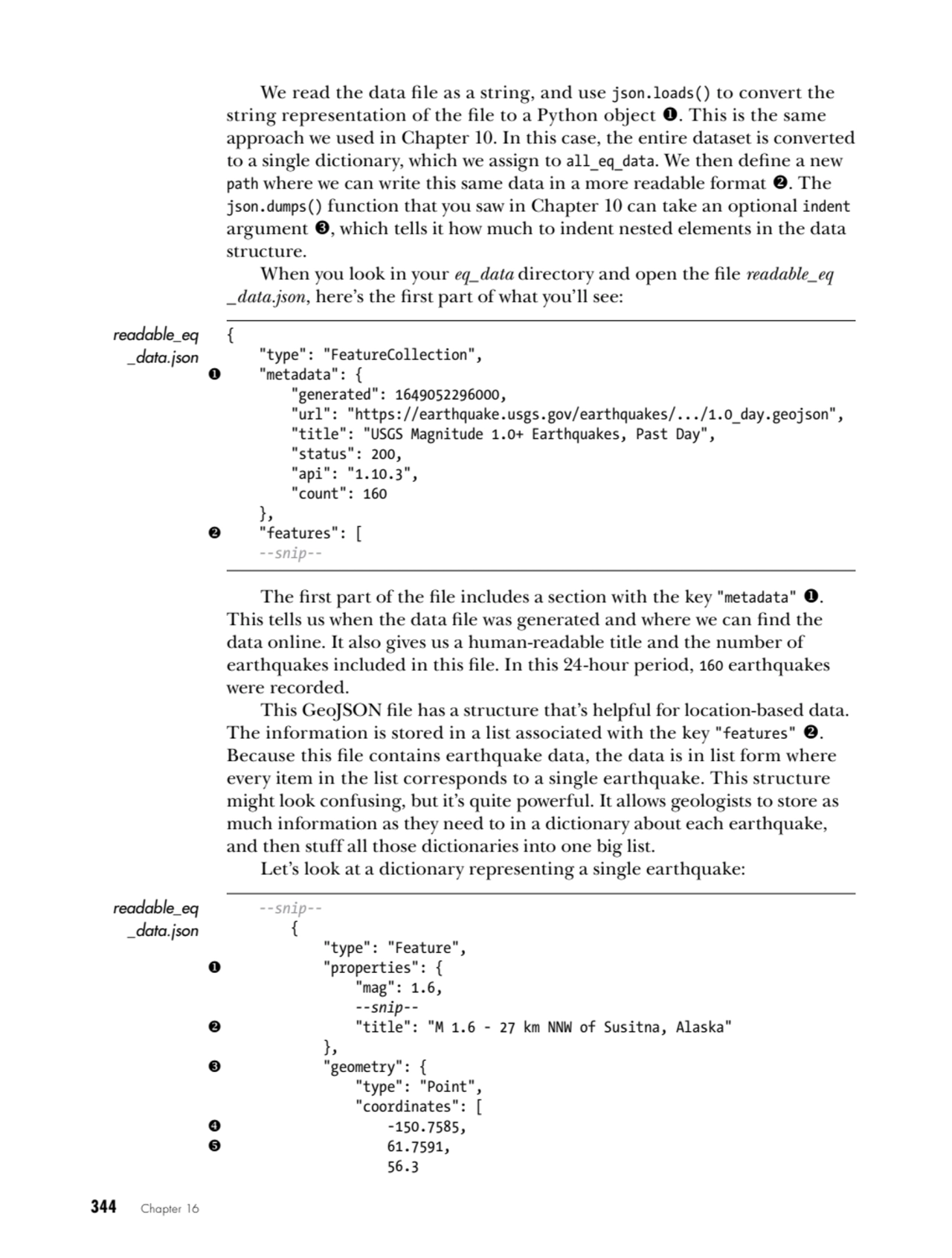 344   Chapter 16
We read the data file as a string, and use json.loads() to convert the 
string r…