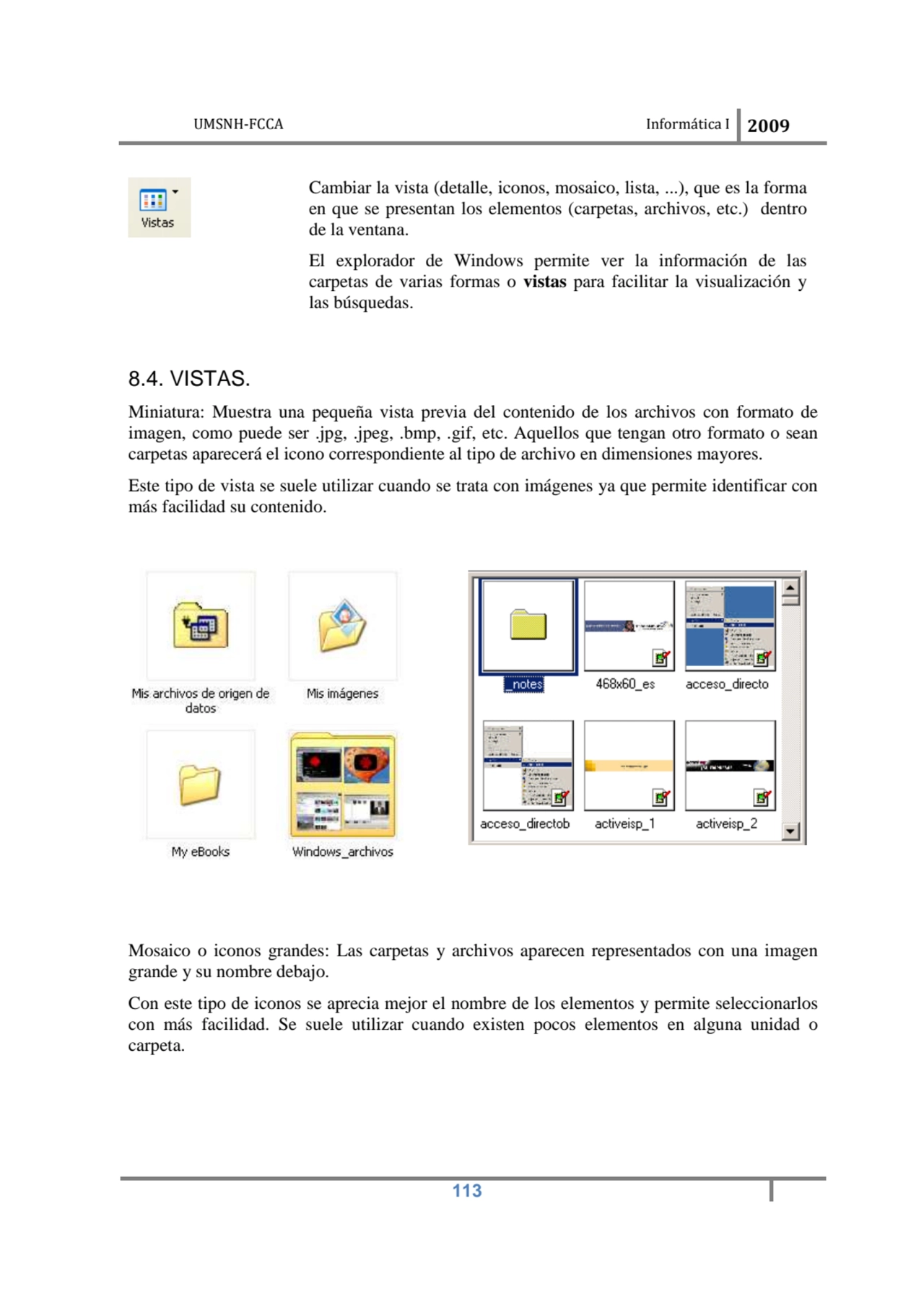 UMSNH-FCCA Informática I 2009
 113
Cambiar la vista (detalle, iconos, mosaico, lista, ...), que e…