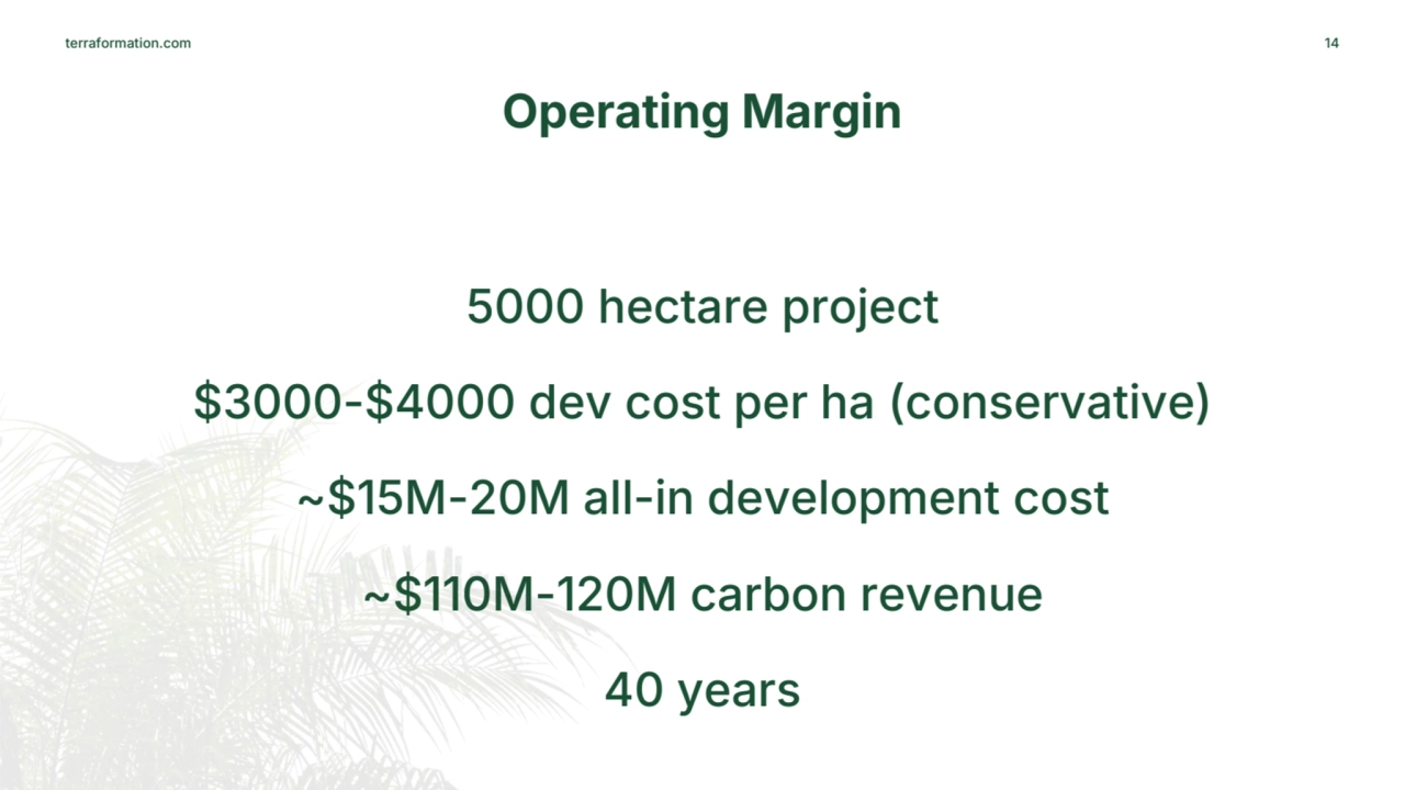 terraformation.com
Operating Margin
14
5000 hectare project
$3000-$4000 dev cost per ha (conser…