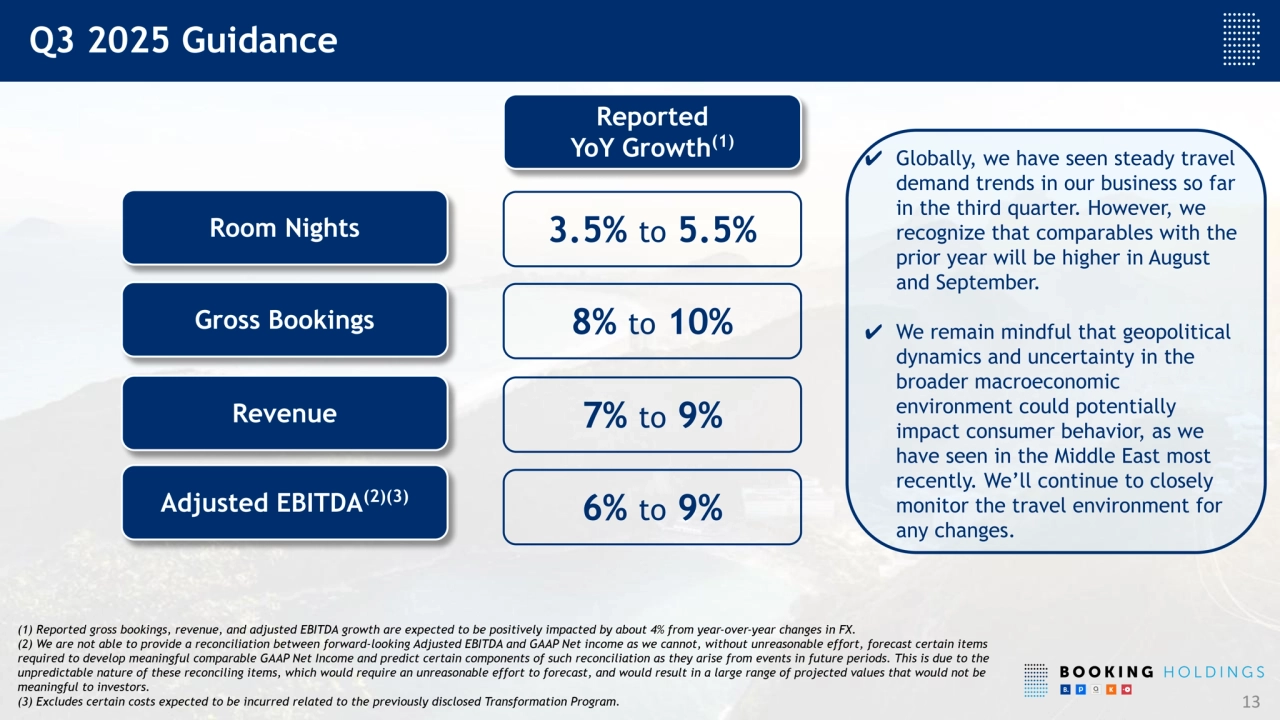 (1) Reported gross bookings, revenue, and adjusted EBITDA growth are expected to be positively impacted by about 4% from year-over-year changes in FX.
(2) We are not able to provide a reconciliation between forward-looking Adjusted EBITDA and GAAP Net income as we cannot, without unreasonable effort, forecast certain items
required to develop meaningful comparable GAAP Net Income and predict certain components of such reconciliation as they arise from events in future periods. This is due to the
unpredictable nature of these reconciling items, which would require an unreasonable effort to forecast, and would result in a large range of projected values that would not be
meaningful to investors.
(3) Excludes certain costs expected to be incurred related to the previously disclosed Transformation Program. 13
Room Nights
Q3 2025 Guidance
Gross Bookings
Revenue
Adjusted EBITDA(2)(3)
Reported
YoY Growth
(1) ✔ Globally, we have seen steady travel
demand trends in our business so far
in the third quarter. However, we
recognize that comparables with the
prior year will be higher in August
and September.
✔ We remain mindful that geopolitical
dynamics and uncertainty in the
broader macroeconomic
environment could potentially
impact consumer behavior, as we
have seen in the Middle East most
recently. We’ll continue to closely
monitor the travel environment for
any changes.
3.5% to 5.5%
8% to 10%
7% to 9%
6% to 9%