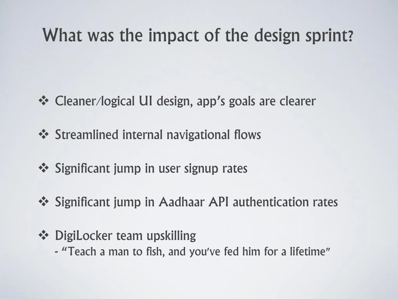 What was the impact of the design sprint?
❖ Cleaner/logical UI design, app’s goals are clearer 
❖…