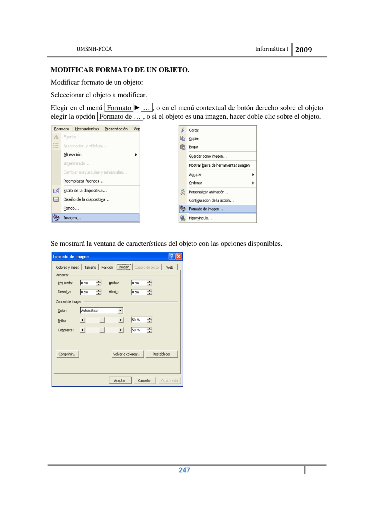 UMSNH-FCCA Informática I 2009
 247
MODIFICAR FORMATO DE UN OBJETO. 
Modificar formato de un obje…