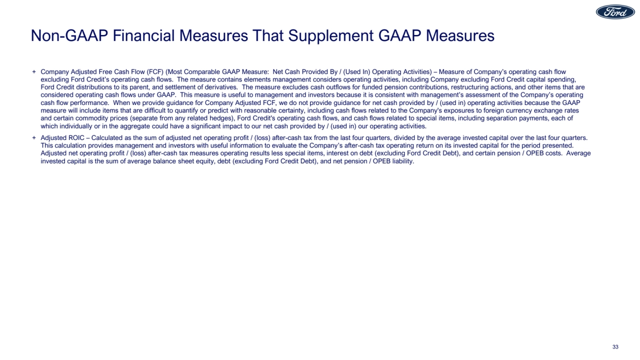 Non-GAAP Financial Measures That Supplement GAAP Measures
+ Company Adjusted Free Cash Flow (FCF) (Most Comparable GAAP Measure: Net Cash Provided By / (Used In) Operating Activities) – Measure of Company’s operating cash flow
excluding Ford Credit’s operating cash flows. The measure contains elements management considers operating activities, including Company excluding Ford Credit capital spending,
Ford Credit distributions to its parent, and settlement of derivatives. The measure excludes cash outflows for funded pension contributions, restructuring actions, and other items that are
considered operating cash flows under GAAP. This measure is useful to management and investors because it is consistent with management’s assessment of the Company’s operating
cash flow performance. When we provide guidance for Company Adjusted FCF, we do not provide guidance for net cash provided by / (used in) operating activities because the GAAP
measure will include items that are difficult to quantify or predict with reasonable certainty, including cash flows related to the Company's exposures to foreign currency exchange rates
and certain commodity prices (separate from any related hedges), Ford Credit's operating cash flows, and cash flows related to special items, including separation payments, each of
which individually or in the aggregate could have a significant impact to our net cash provided by / (used in) our operating activities.
+ Adjusted ROIC – Calculated as the sum of adjusted net operating profit / (loss) after-cash tax from the last four quarters, divided by the average invested capital over the last four quarters.
This calculation provides management and investors with useful information to evaluate the Company’s after-cash tax operating return on its invested capital for the period presented.
Adjusted net operating profit / (loss) after-cash tax measures operating results less special items, interest on debt (excluding Ford Credit Debt), and certain pension / OPEB costs. Average
invested capital is the sum of average balance sheet equity, debt (excluding Ford Credit Debt), and net pension / OPEB liability.
33