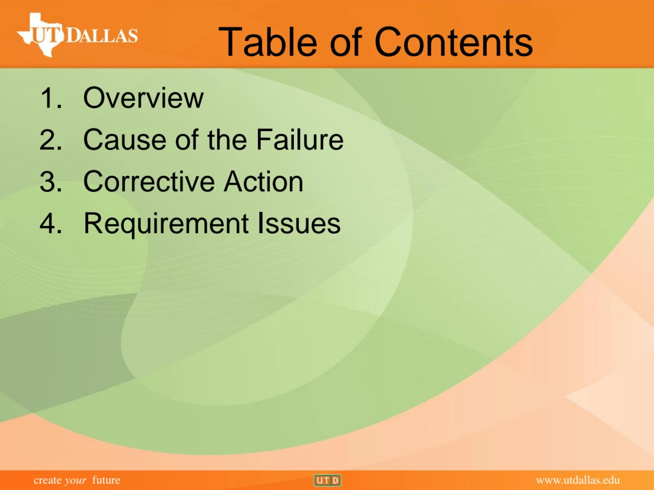 create your future www.utdallas.edu
Table of Contents
1. Overview
2. Cause of the Failure
3. Co…