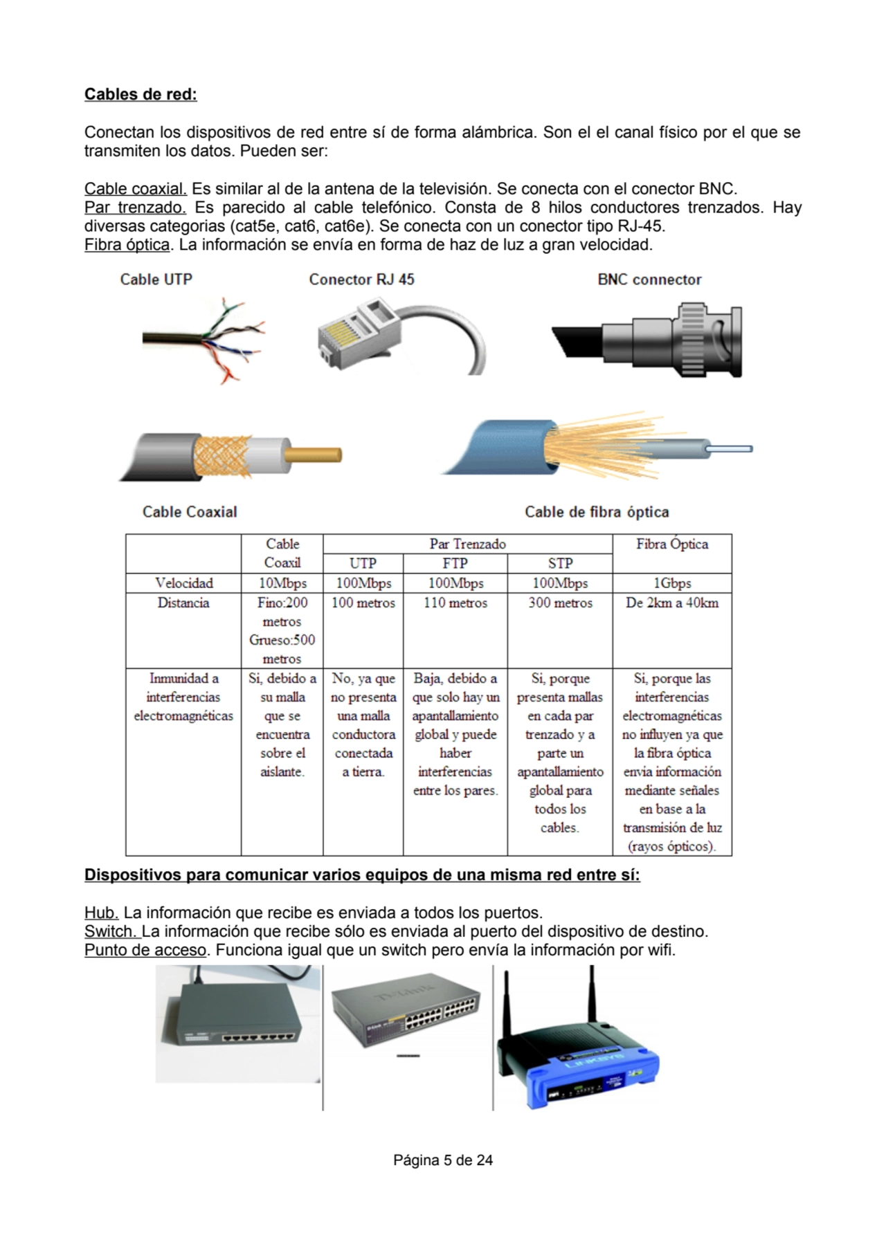 Cables de red:
Conectan los dispositivos de red entre sí de forma alámbrica. Son el el canal físic…